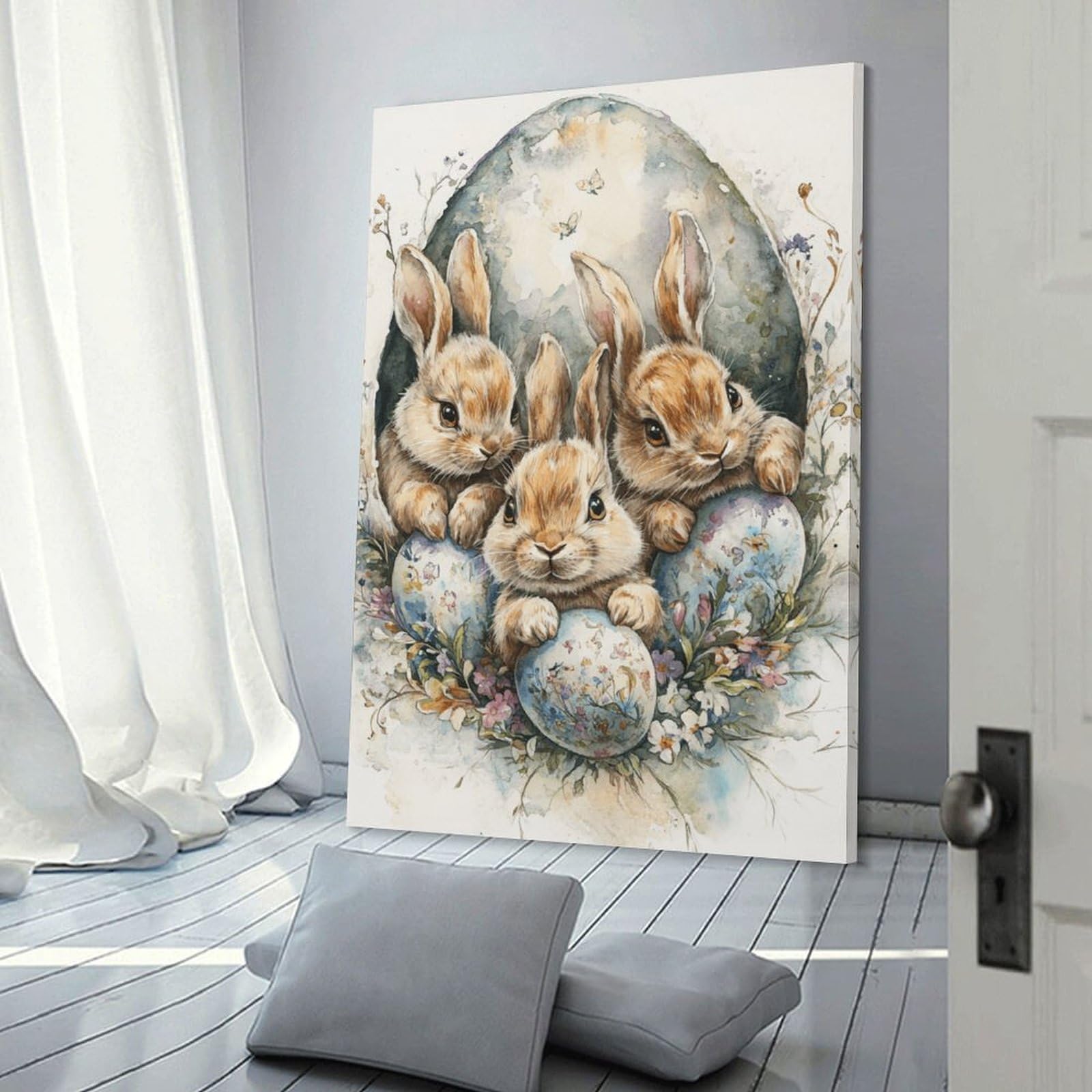 Junmoney Frame-Style-21 Decorative Wall Artwork Easter Bunny Watercolor Art, 16X24inch(40X60cm), For Contemporary Homes, Apartments Or Offices, An Easy Choice For New Home Styling