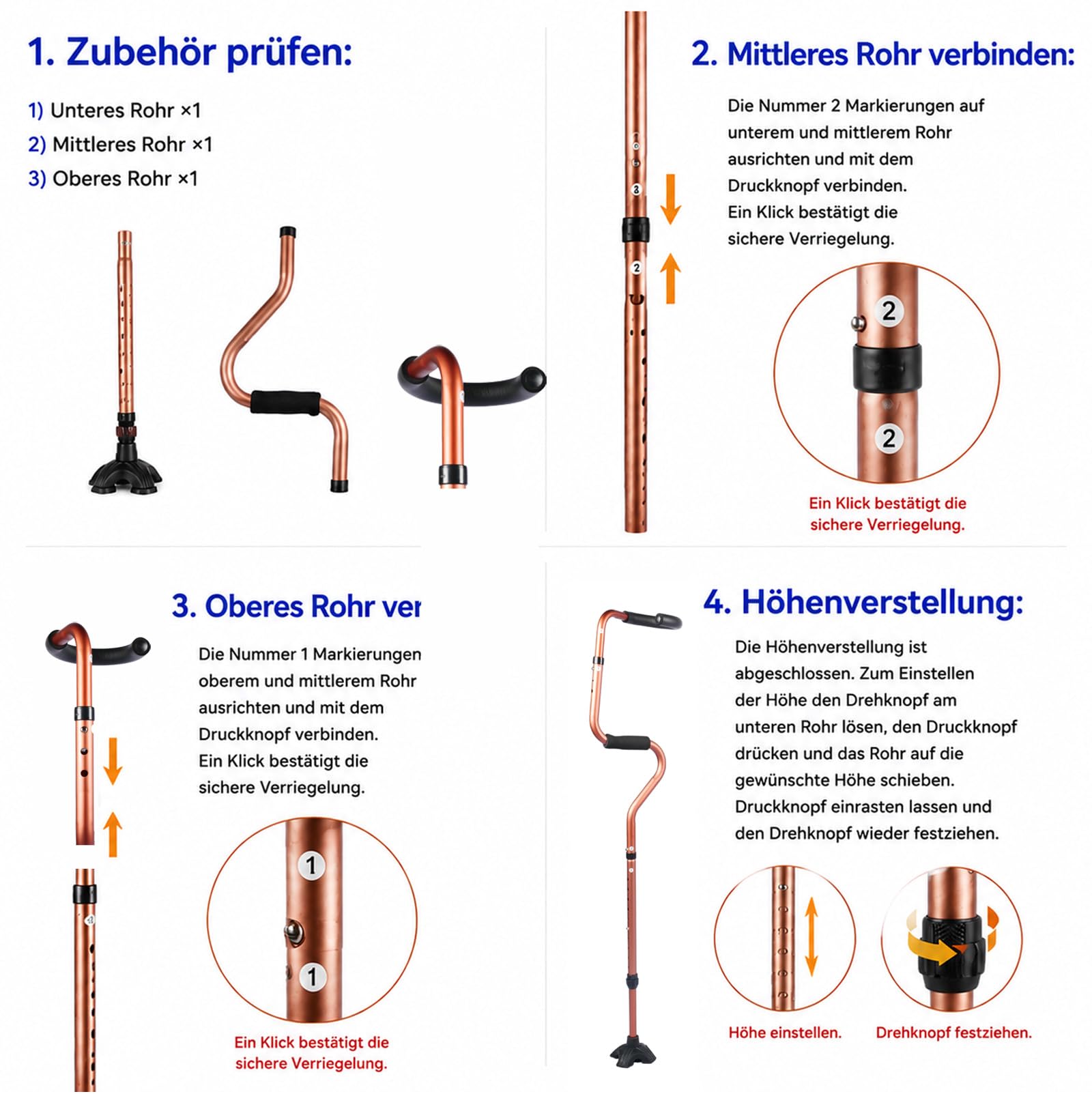 Bastone da passeggio Quad per uomo e donna, regolabile in altezza, con doppia impugnatura ergonomica e base in alluminio a quattro punte, pieghevole, leggero, portata fino a 100 kg, aiuto per la