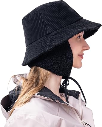 Winter Bucket Hat Winter Thermal Bucket Hat Warm Fleece Lined Womens Waterproof Rain Hat with Ear Flaps