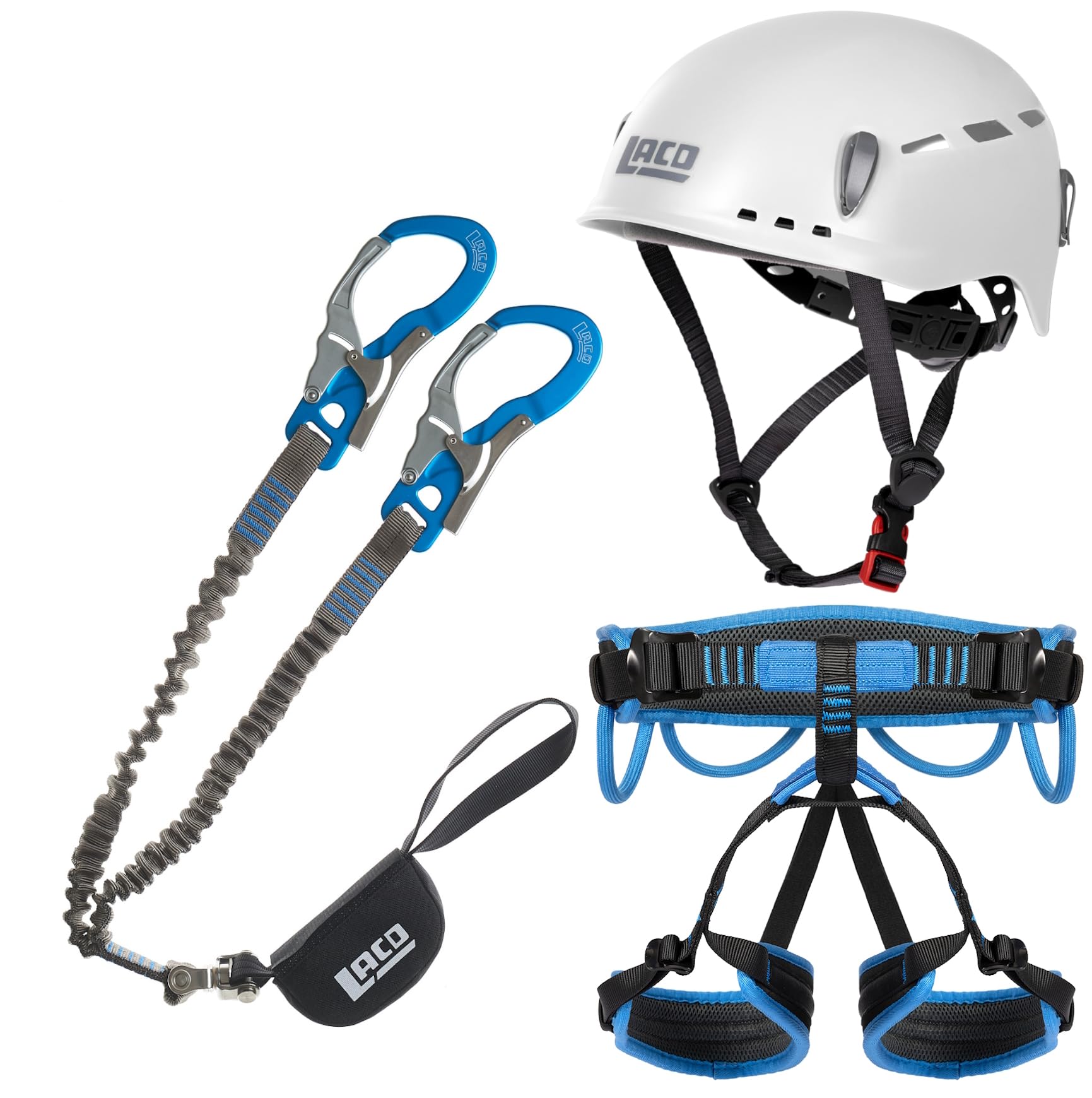 Generisch LACD Klettersteigset Ultimate Ferrata S mit mit Swivel (Drehwirbel) + Helm Protector 2.0 White + Klettergurt Start 2.0