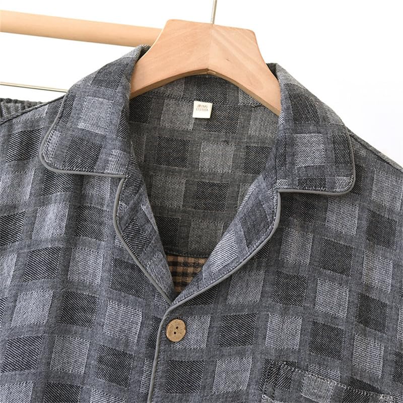 Shanghai Story Men's Gauze Cotton Check Print Long Sleeves Solid Sleepwear Long Pants Set Autumn Spring2