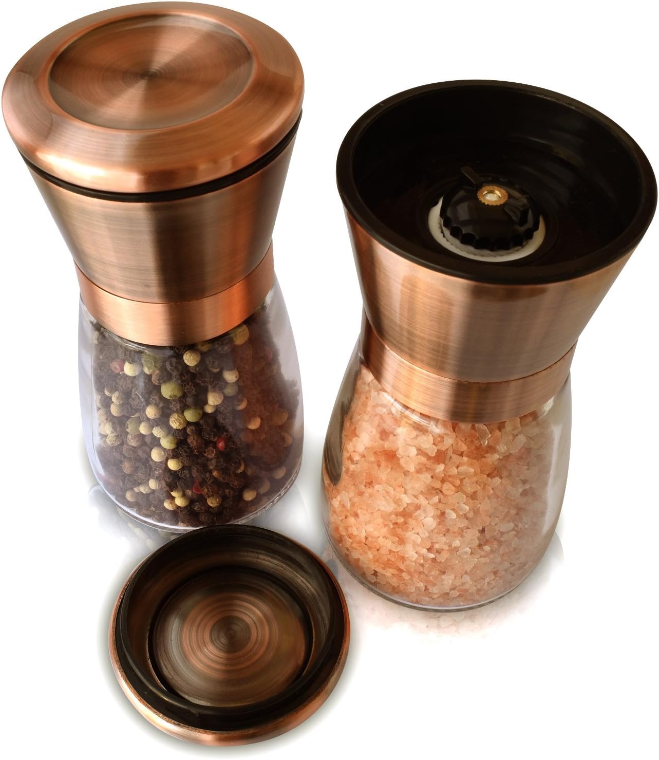 Copper Salt & Pepper Premium Grinder and Shaker - Set of 2 - Rust Proof 18/8 Stainless Steel Lids and Glass Shakers, Grinder/Mill with Adjustable Coarseness | by Premium Home Quality (6oz)