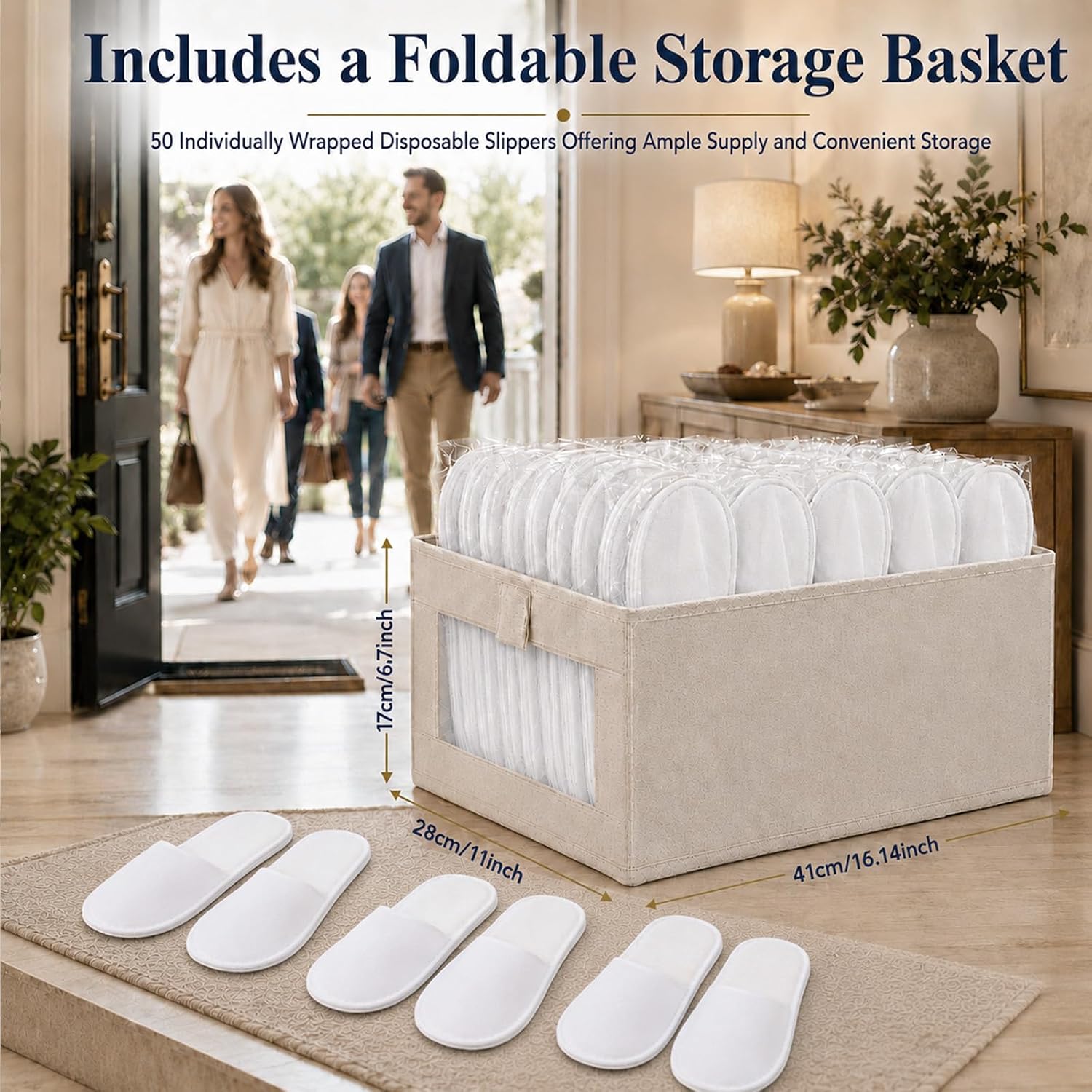 50 Pairs Disposable Slippers for Guests Bulk with Folding Storage Box, 11 Inch White Non-Slip Hotel Slippers, Individually Wrapped House Slippers for Men Women Travel, Spa, Home, Wedding