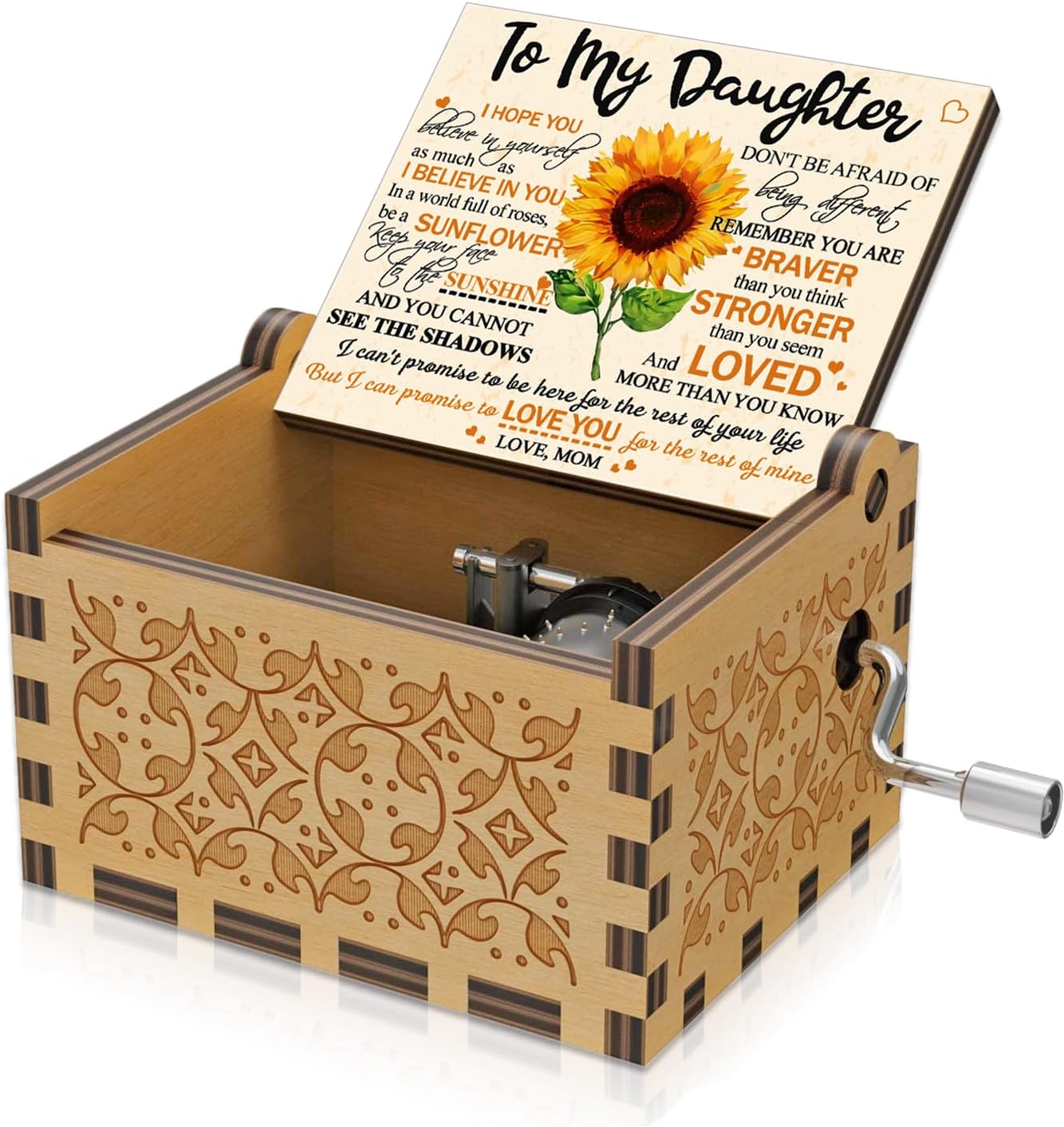Engraved Hand Crank Wood Music Box You are My Sunshine Gift for Daughter from Dad Sunflower Color Mini Music Box for Christmas/Valentine's Day/Thanksgiving/Birthday