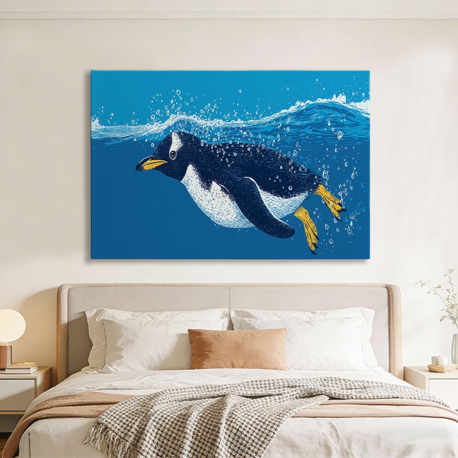 Genérico Obraz na płótnie z nadrukiem 3D niebieski pingwin z kreskówek 100 x 75 cm nowoczesne duże obrazy na ścianę, dekoracja salonu i sypialni, z ramą