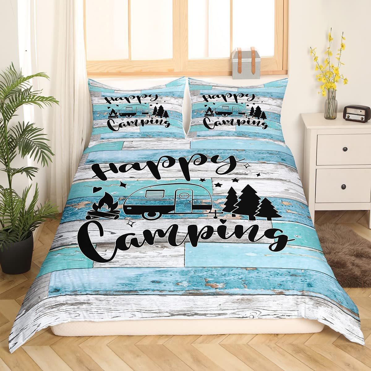 Camper Adventure Duvet Cover Set Queen Size,Happy Camping RV Trailer Decor Bedding Set 3pcs for Kids Boys Girls Adults,Rustic Farmhouse Wooden Door Comforter Cover,Blue Retro Quilt Cover,2 Pillowcases