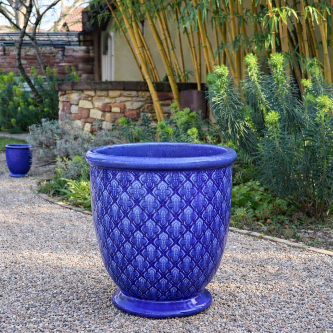 Indigo Provence glazurowana donica na rośliny, 54 cm, w kolorze kobaltowego błękitu – ręcznie wykonana ceramiczna donica na kwiaty z wysoko wypalaną glazurą i odpływem wody zapobiegającej