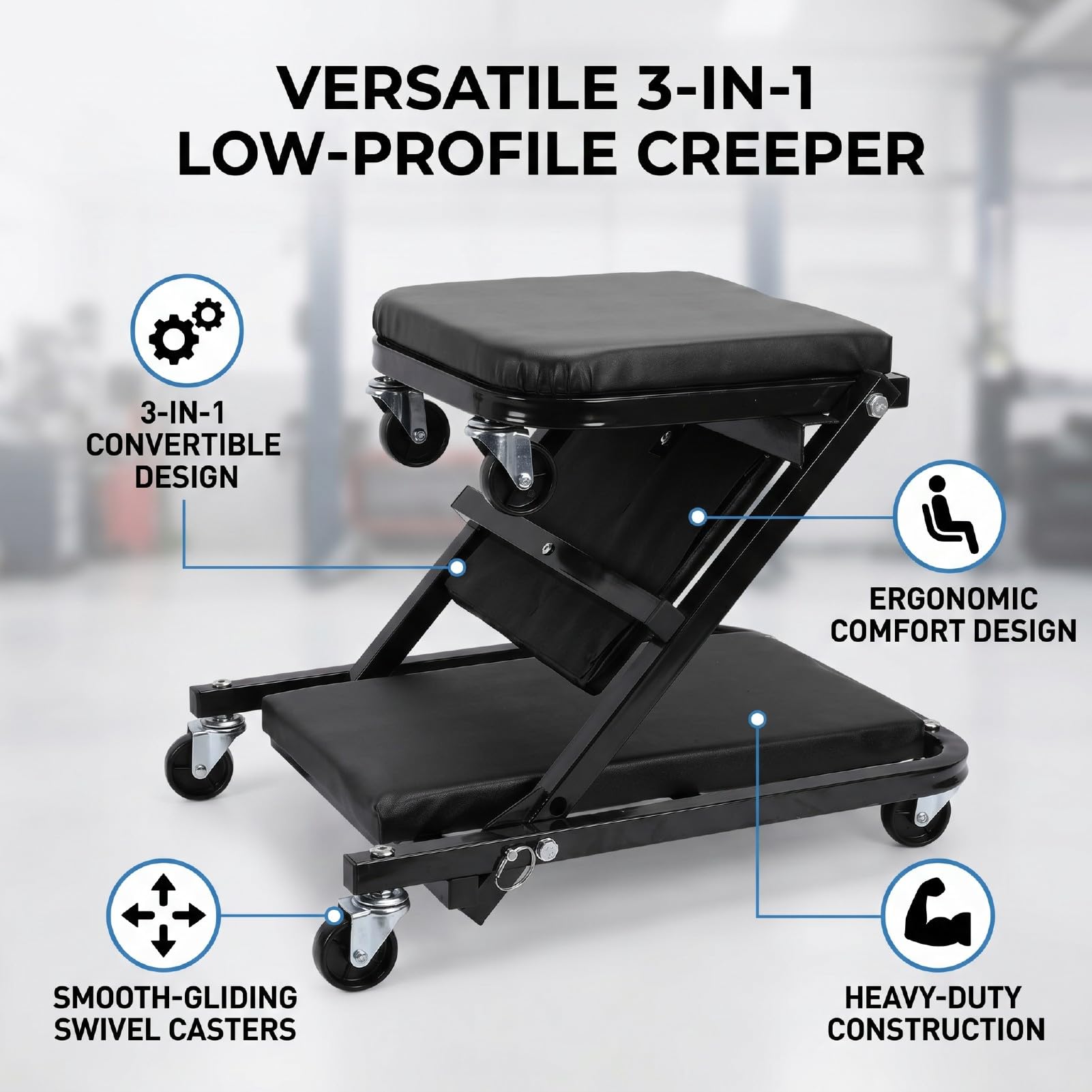 KIMISS Enredadera con Ruedas para Debajo del Automóvil Silla de Garaje con Ruedas Enredadera Mecánica Asiento 3 en 1 Plegable de Perfil bajo 6 Giratorias Respaldo del (Black)