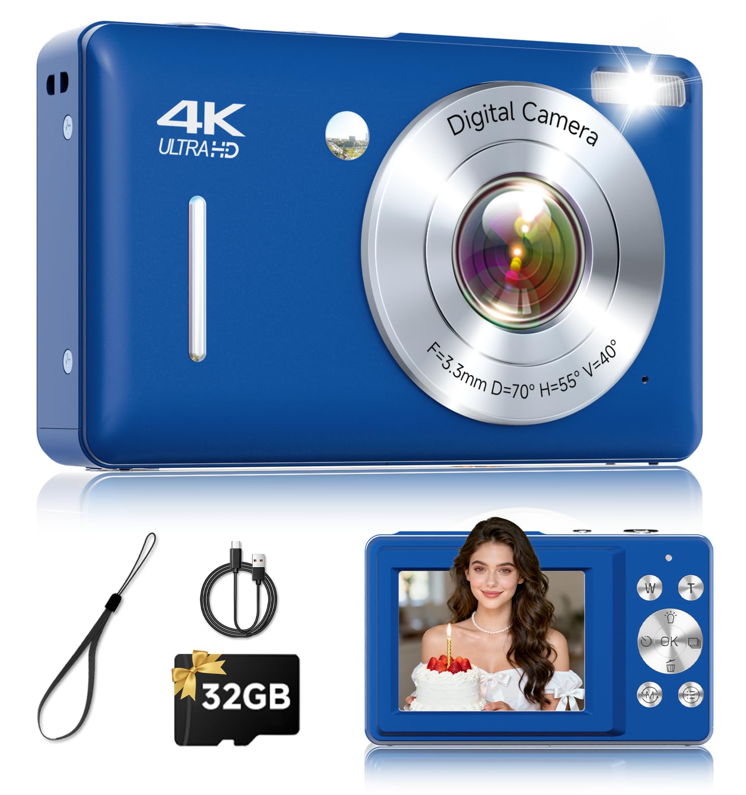 Digital Camera, 44MP FHD 1080P Point and Shoot Digital Camera with Anti Shake, Small Digital Camera with Face Detect, 32GB SD Card, 16X Zoom Camera for Kids, Teens, Boys, Girls Blue