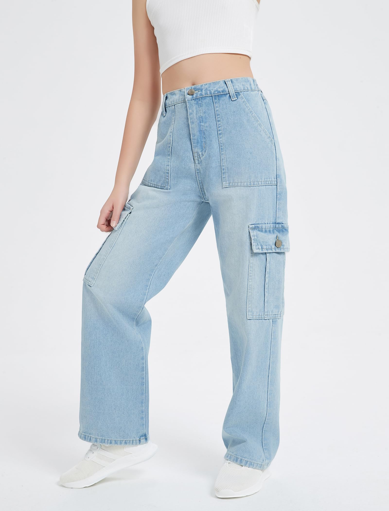EXARUS Mädchen-Jeans, Cargohose, weites Bein, Denim, gerade, lockere Hose, Tween, hoher elastischer Bund mit Taschen, Jugendliche, 8–14 Jahre