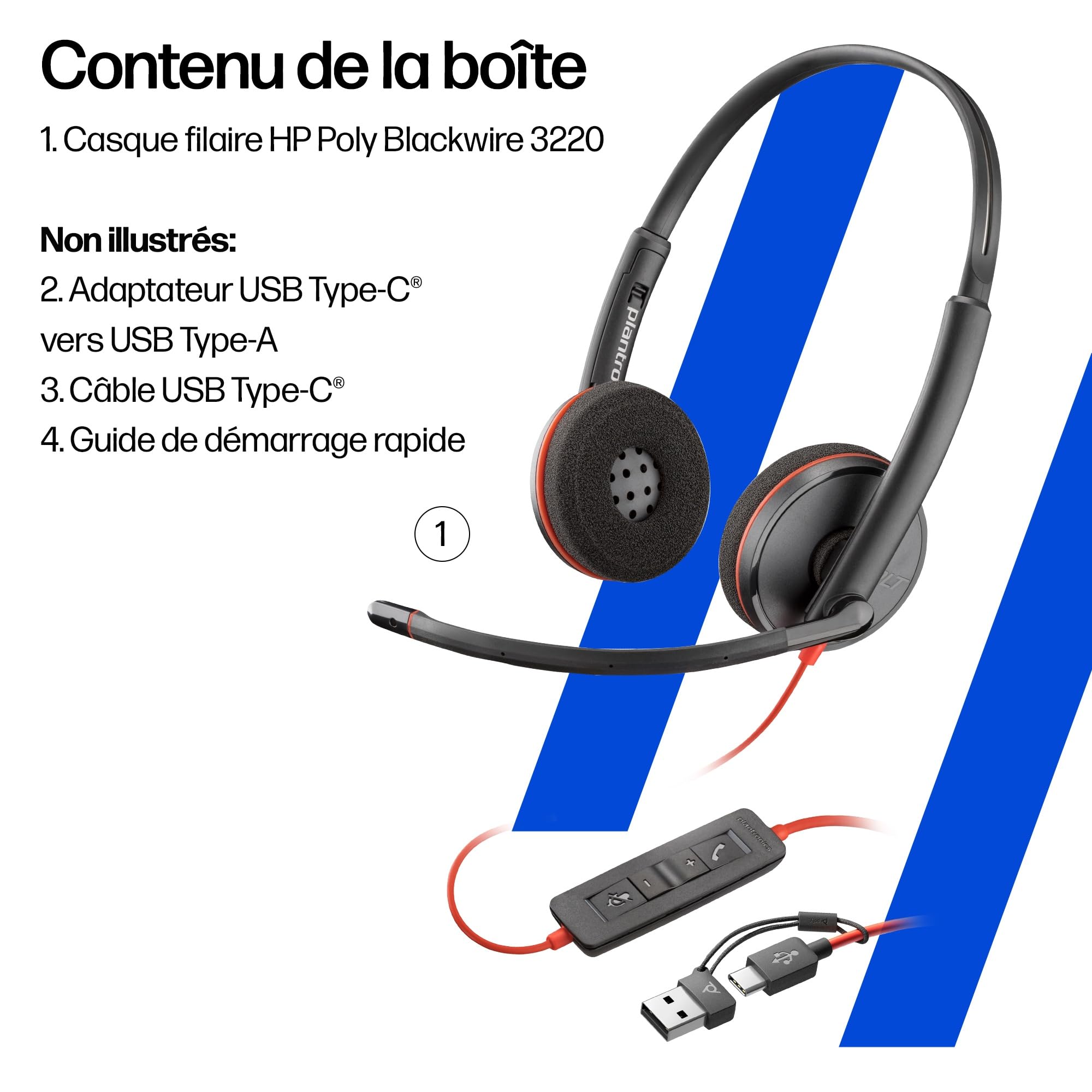 Micro-casque filaire Poly Blackwire 3220 – Microphone antibruit – Conception binaurale – Connexion à un PC/Mac via USB-C ou USB-A – Fonctionne avec Teams, Zoom