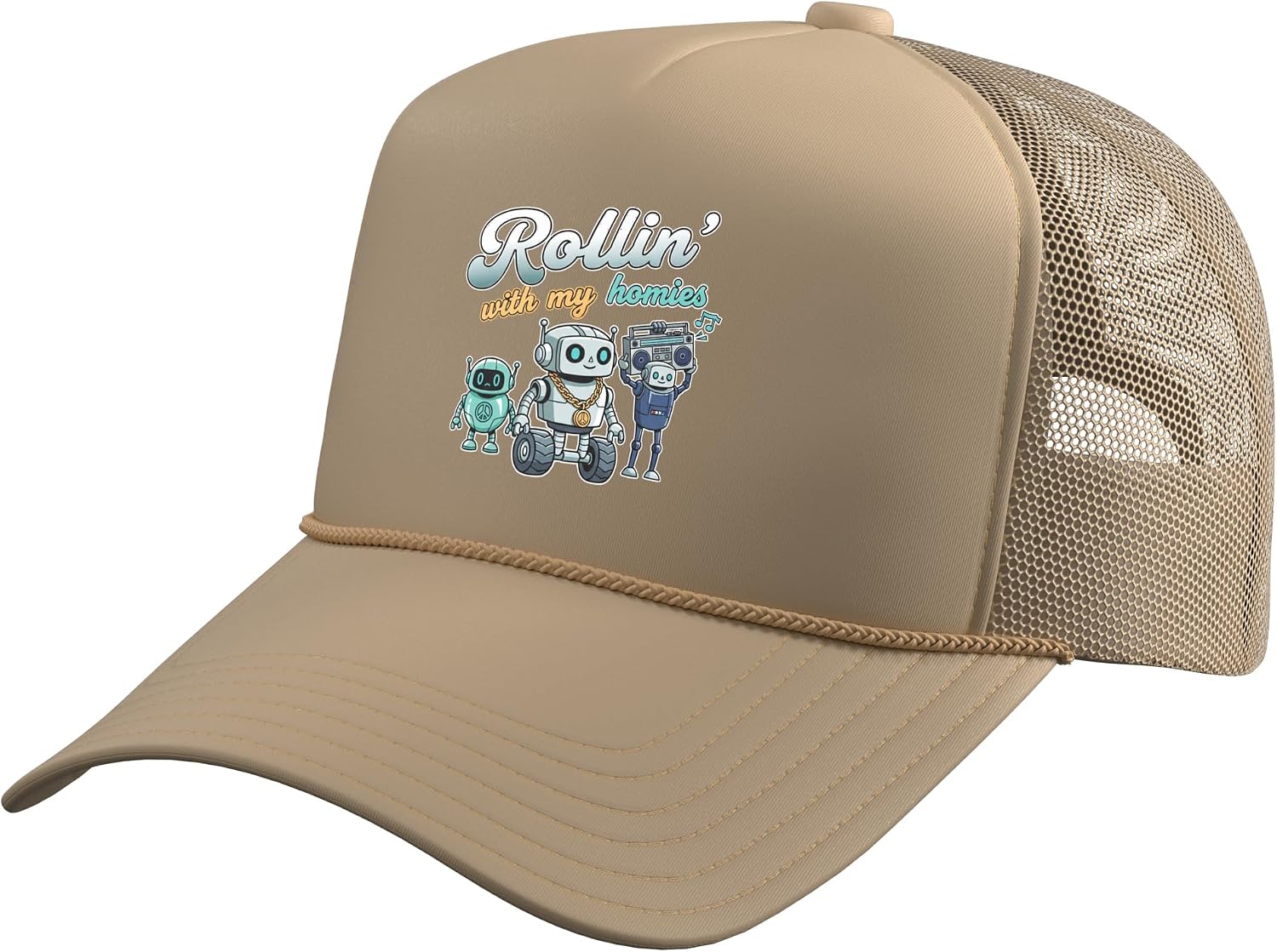 Rollin' with My Homies Robot Retro Humor Stem Trucker Hat with Adjustable Mesh Back