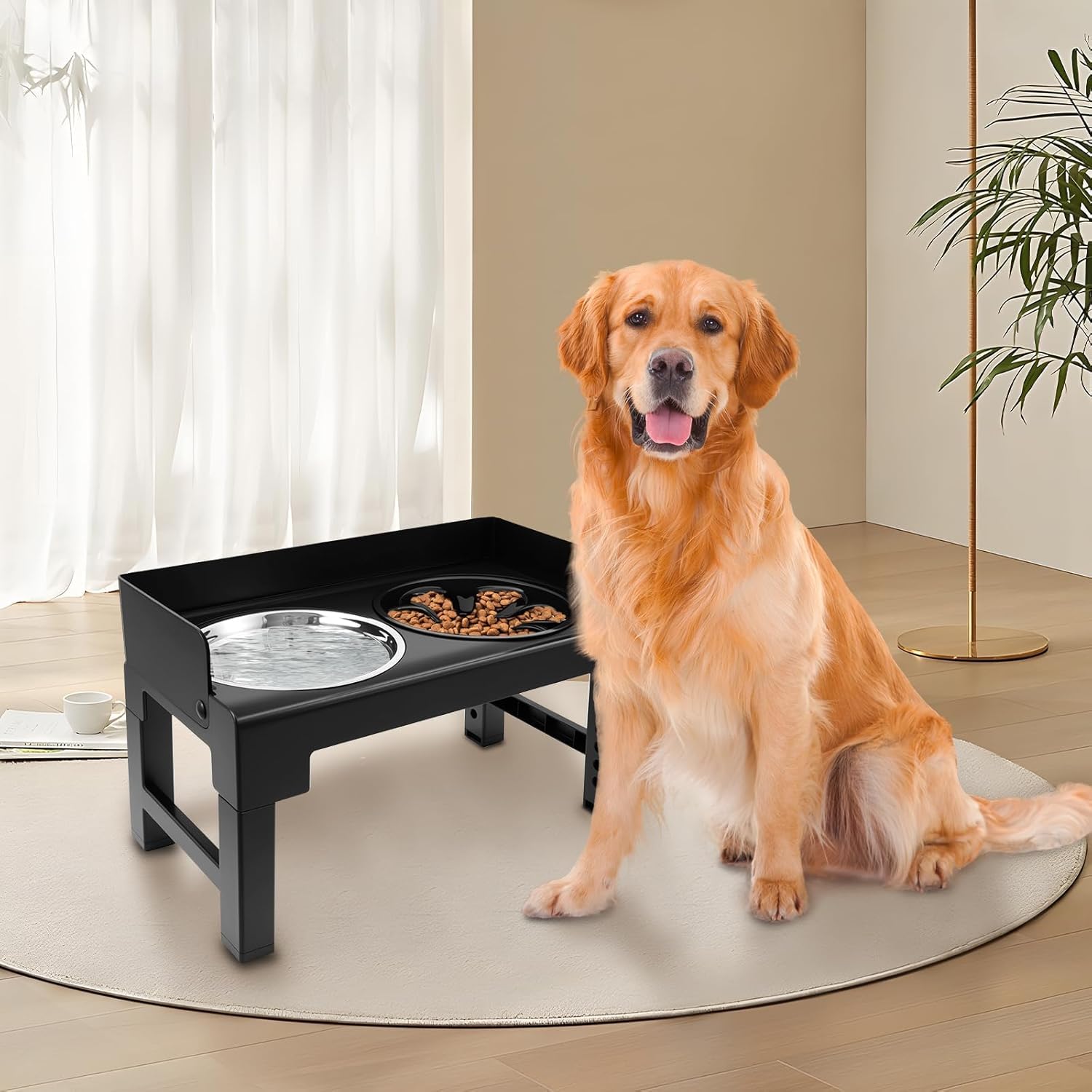 Hundenapf Erhöht, Erhöhter Futternapf Hund Höhenverstellbar, Fressnapf Hund mit Gestell, Futterstation Hund Mit 2 Hundenäpfe aus Edelstahl und 1 Anti Schling Napf Hunde (Schwarz)