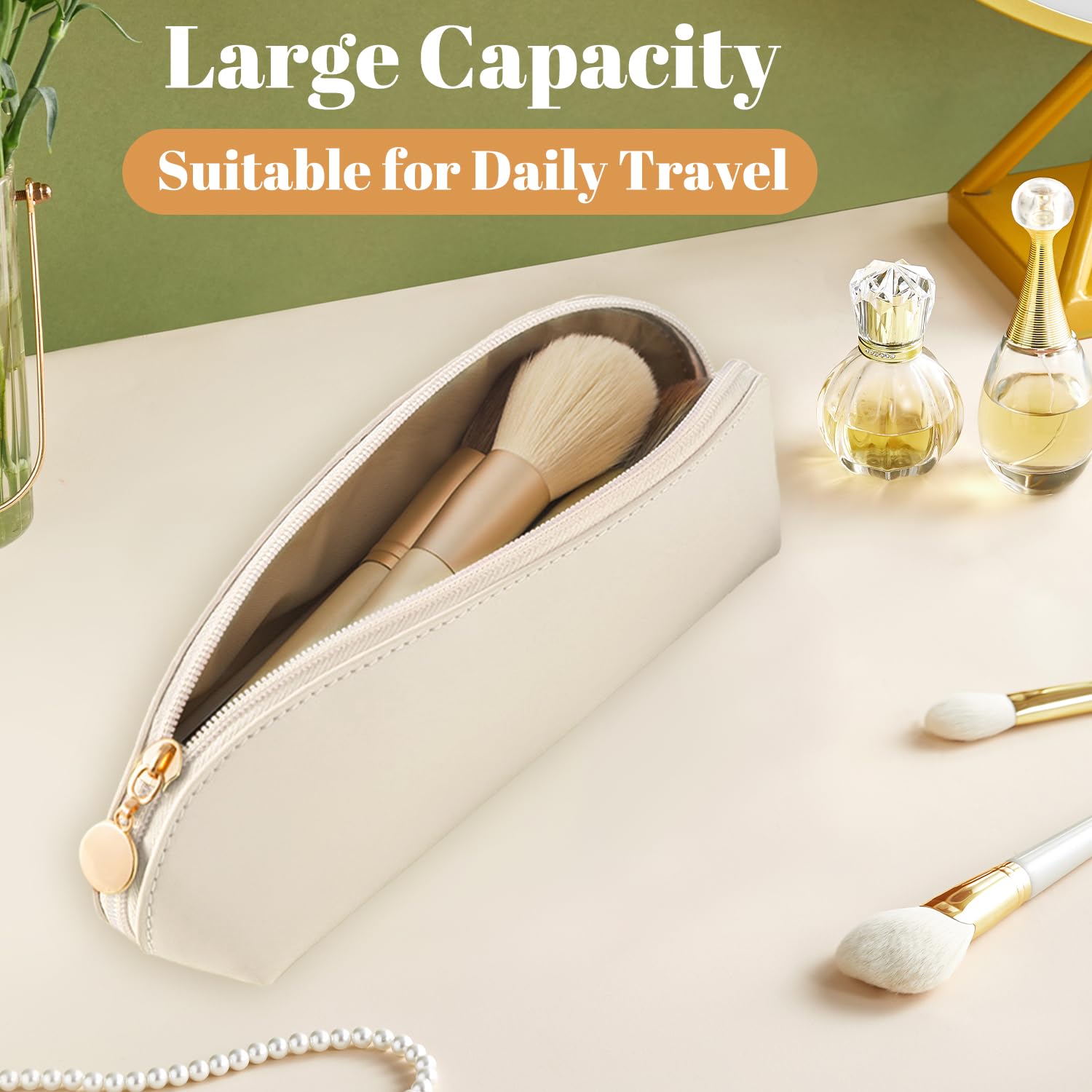 VLYX 3 PCS Makeup Brush Travel Bag Large PU Leather, Waterproof Cosmetic Organizer Zipper Pouch - Image 3