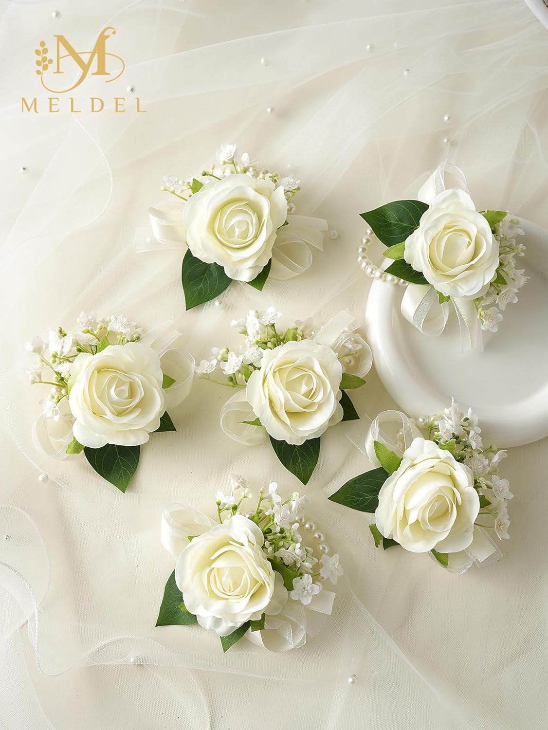 Meldel 6 Pcs Ivory White Rose Wrist Corsage for Wedding, Bride Bridesmaids Corsages, Pearls Bracelet Wrist Flower for Prom Homecoming Party, Wrist Corsage for Mother of Bride and Groom Wedding Decor - Image 2