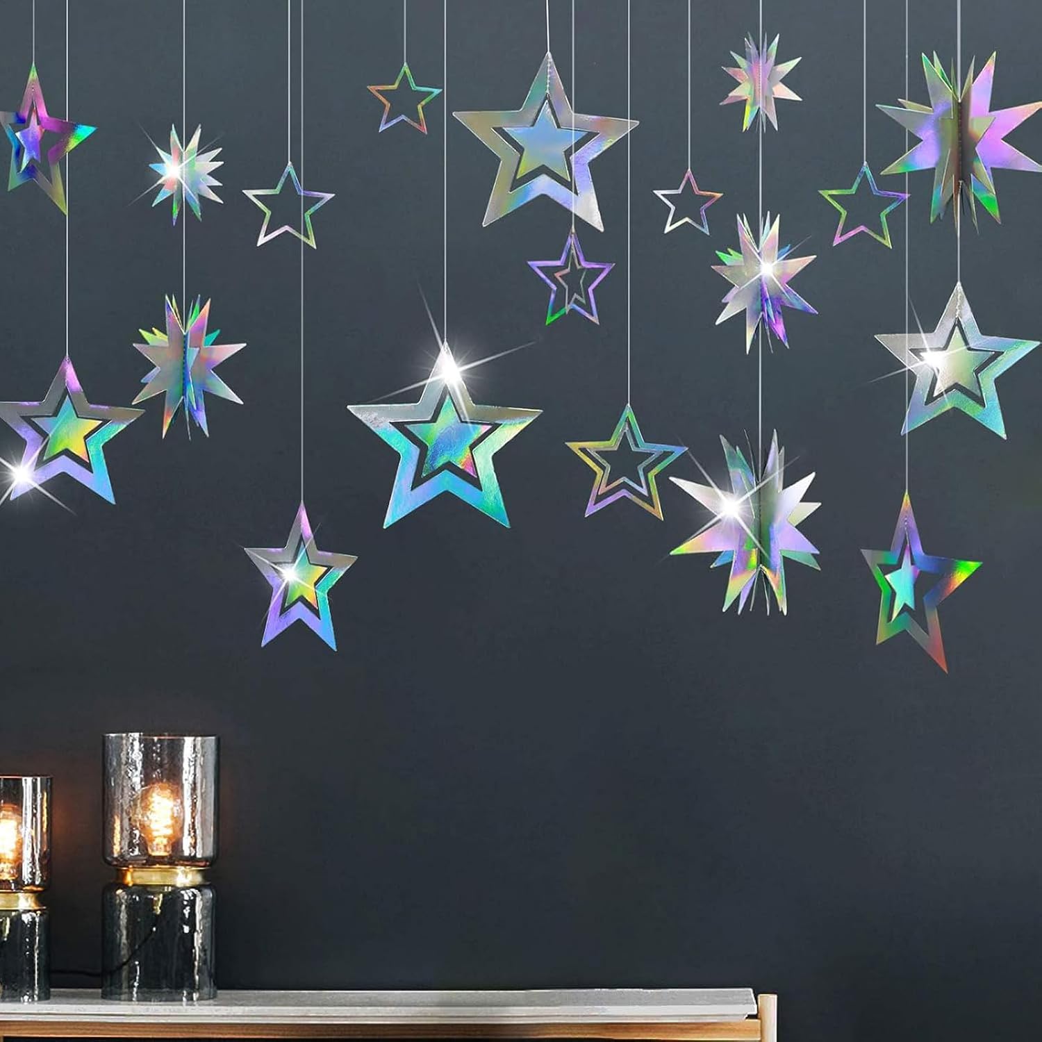 Holographic Star Garland Decorations 14 Rainbow Paper Stars