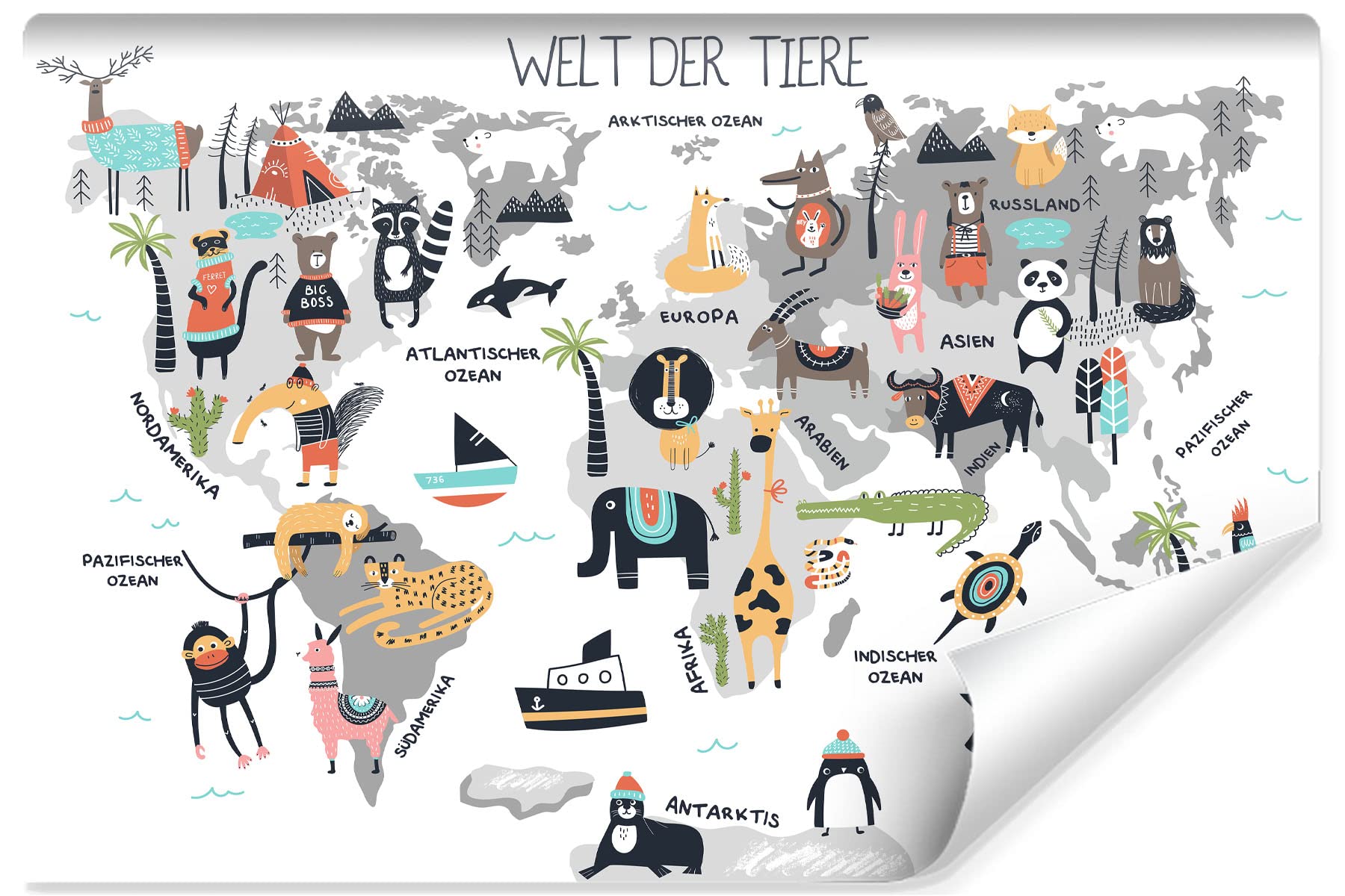 Muralo Fototapeta z włókniny dla dzieci, mapa świata, zwierzęta, rośliny, transport napisów, tapeta XXL, pokój dziecięcy, pokój dziecięcy, sypialnia, szer. 360 x wys. 240 cm