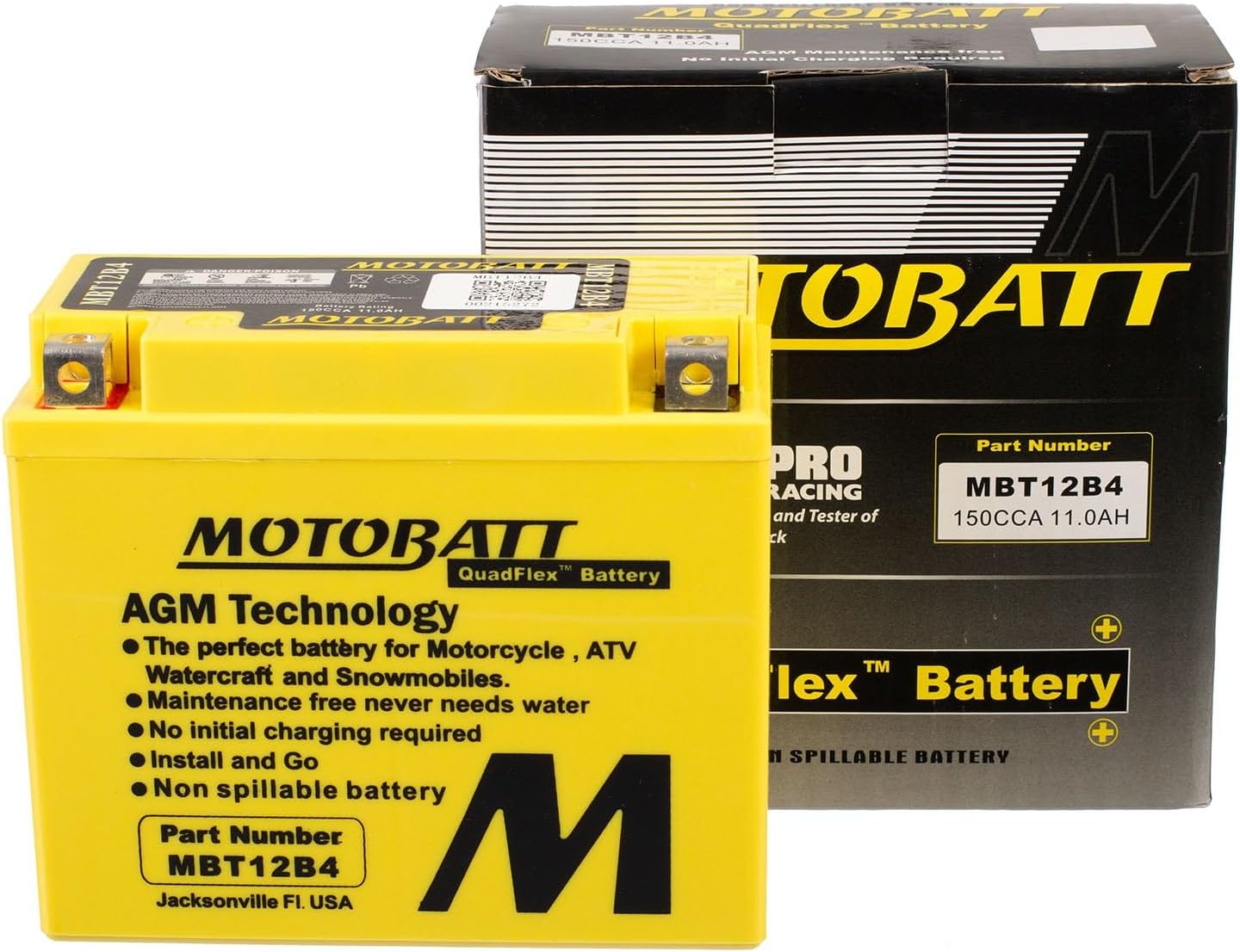 Motobatt Battery MBT12B4 12v 11AH CCA:150A YT12BBS, YT12B4 L:150mm x H:130mm x W:70mm