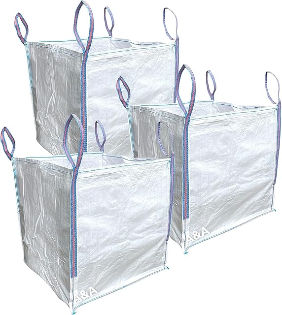 A&A SUPPLIES UK - 3 x 1 Tonne Builders Bag 85 x 85 x 85cm FIBC Bulk Jumbo Ton Bags Garden Waste Sack Rubbish Heavy Duty Industrial Woven Material Skip Storage (3 BAGS)
