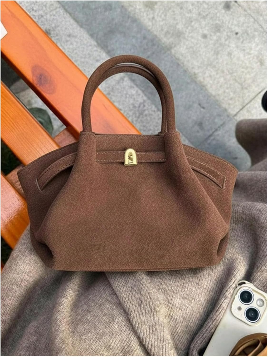 SweatyRocks Women's Vintage Suede Satchel Handbags Buckle Small Bucket Bags Winery Outfit