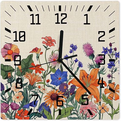 Reloj de pared de madera, reloj de pared de madera con plantas de verano, lavanda, vintage, 10 pulgadas, silencioso, sin tictac, reloj de pared de