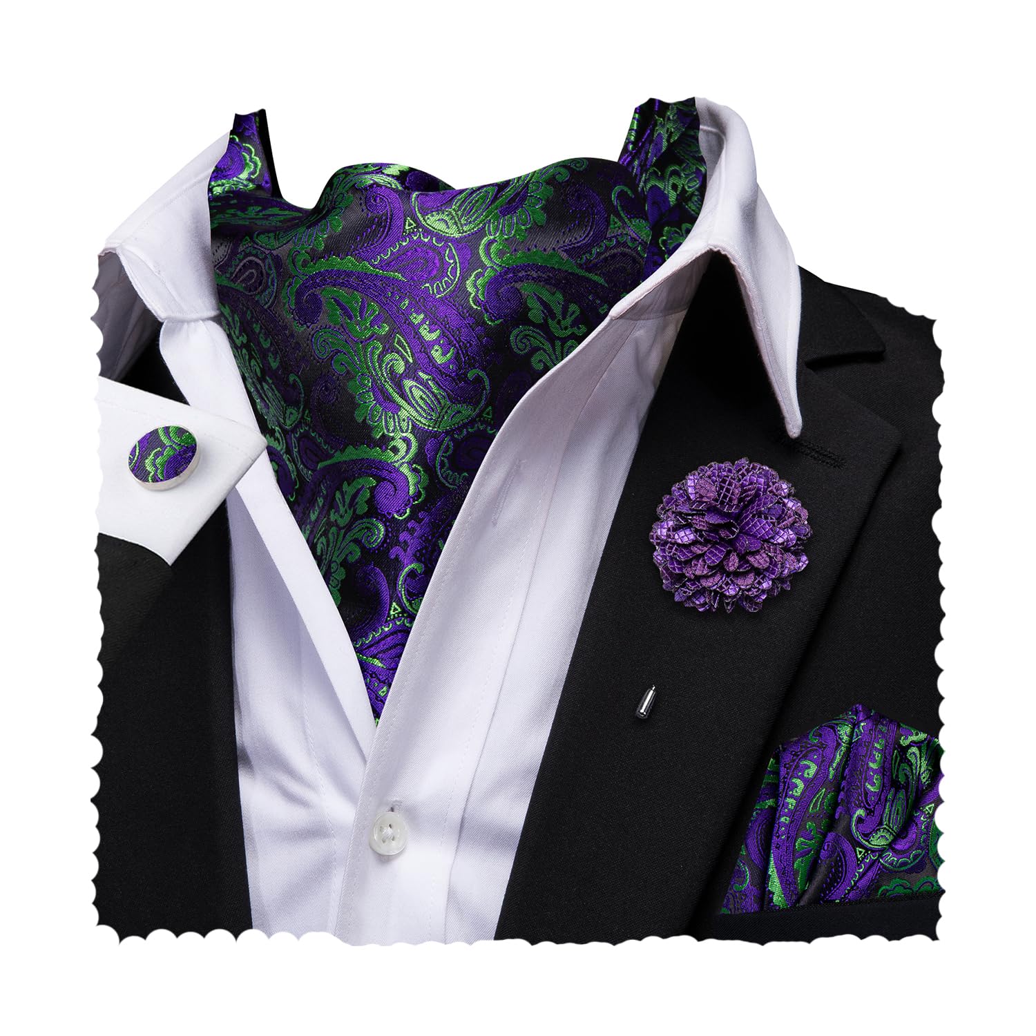 Hi-Tie Silk Ascot for Men Self Tie Men's Cravat and Flower Lapel Pin Handkerchief Cufflinks Set for Wedding Party