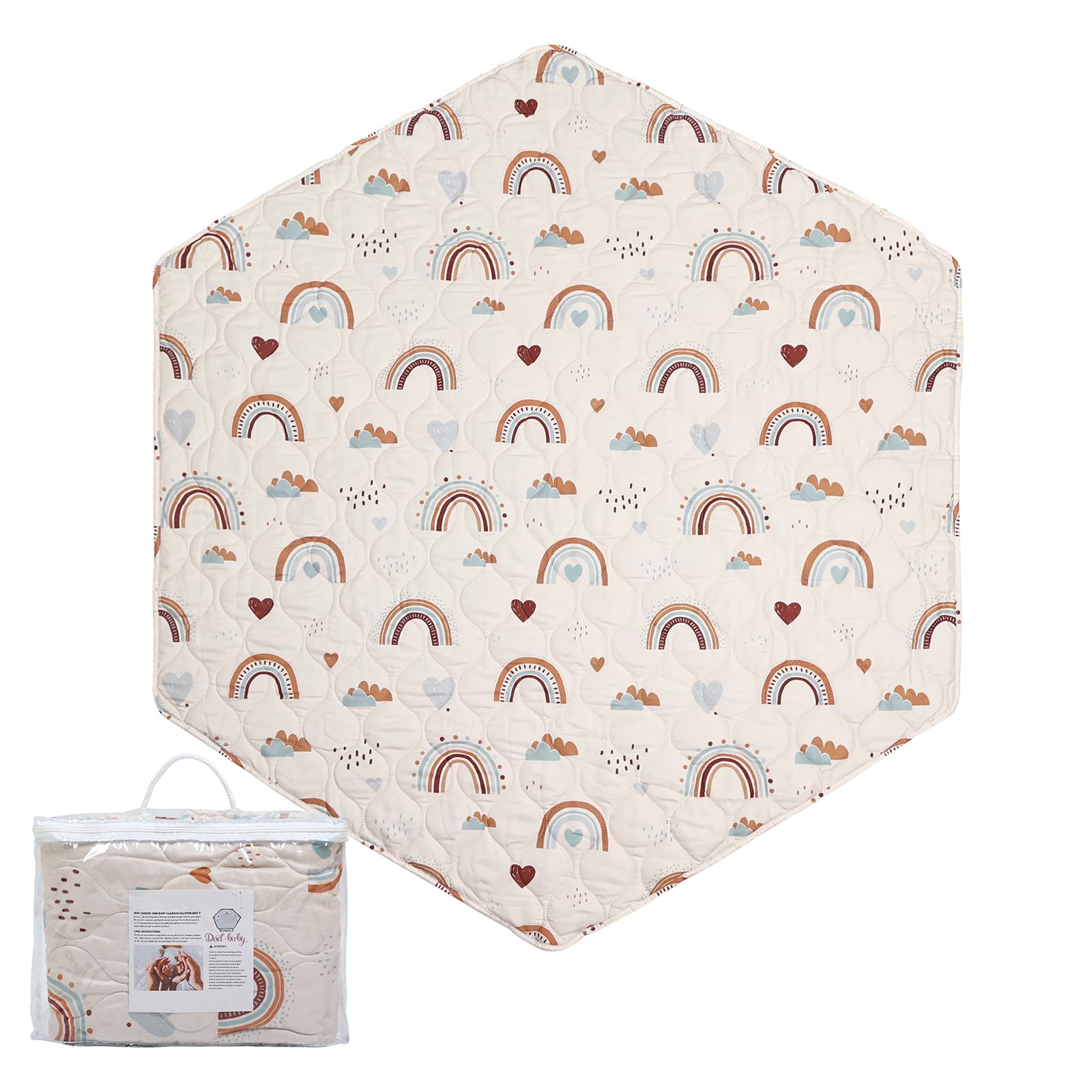Hexagon Playpen Mat 59inch Compatible with POP 'N GO Baby Playpen and California Beach Co Playpen, 59 Inch Hexagon Mattress Pad, Non Slip and Cushion Play Mat Boho Rainbow (59 inch 6-Panel)