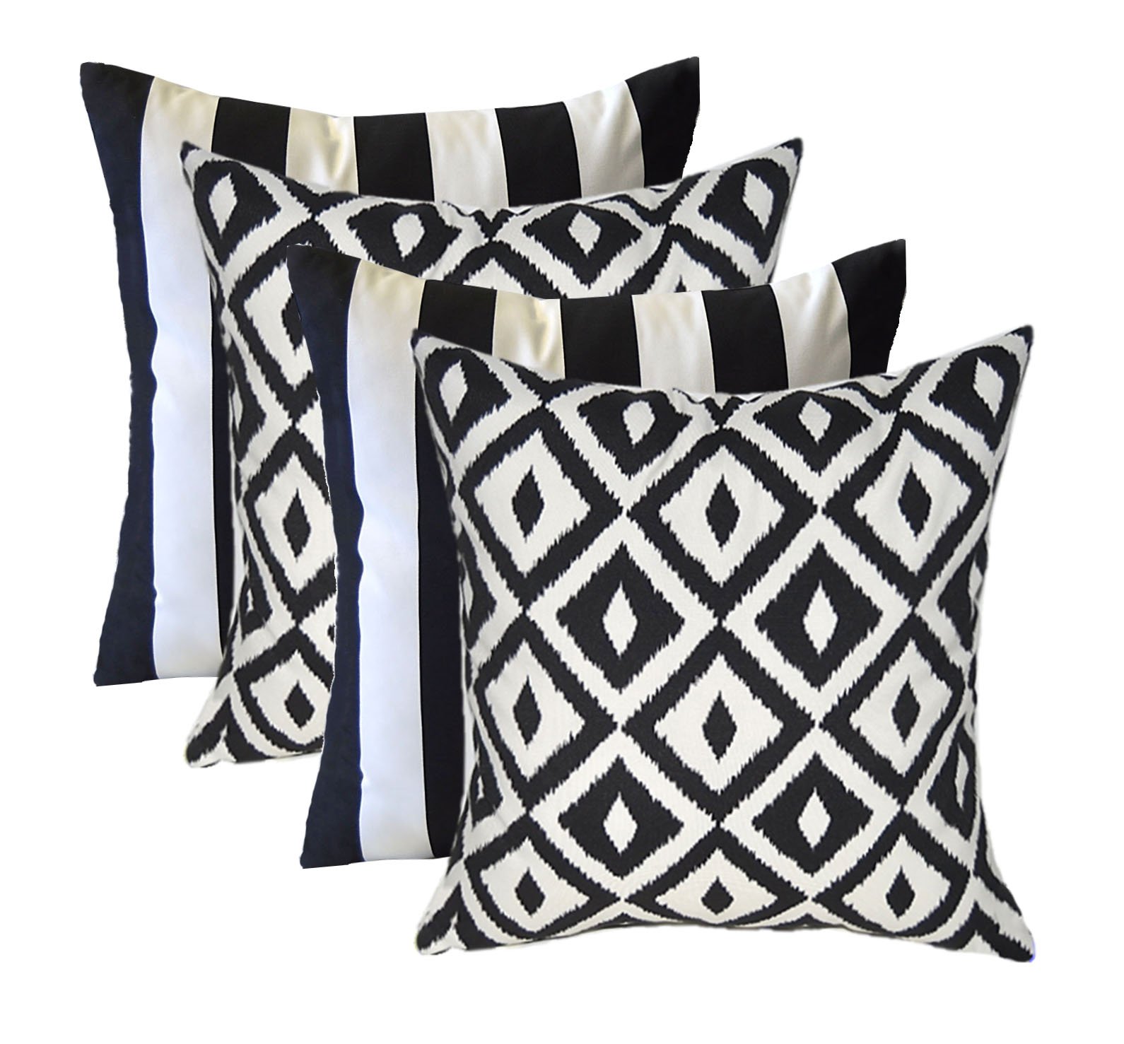 Resort Spa Home Decor Set of 4 - Indoor/Outdoor Square Decorative Throw/Toss Pillows - Black and White Stripe Fabric & Black and White Aztec Geometric Fabric - Choose Size (17