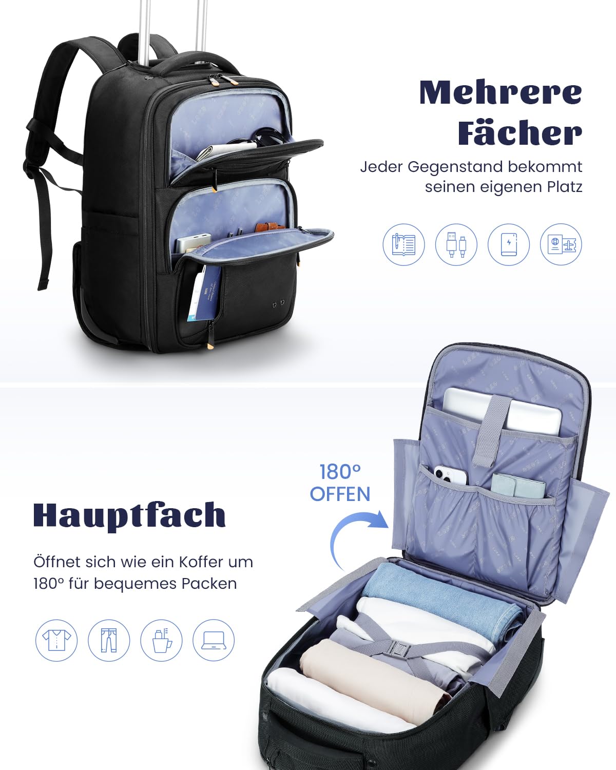 Ponhog Rucksack mit Rollen, Business Rucksack Trolley Handgepäck Flugzeug Reiserucksack Laptop Rücksack mit 15 Zoll Laptopfach Backpack für Uni, Arbeit, Schwarz