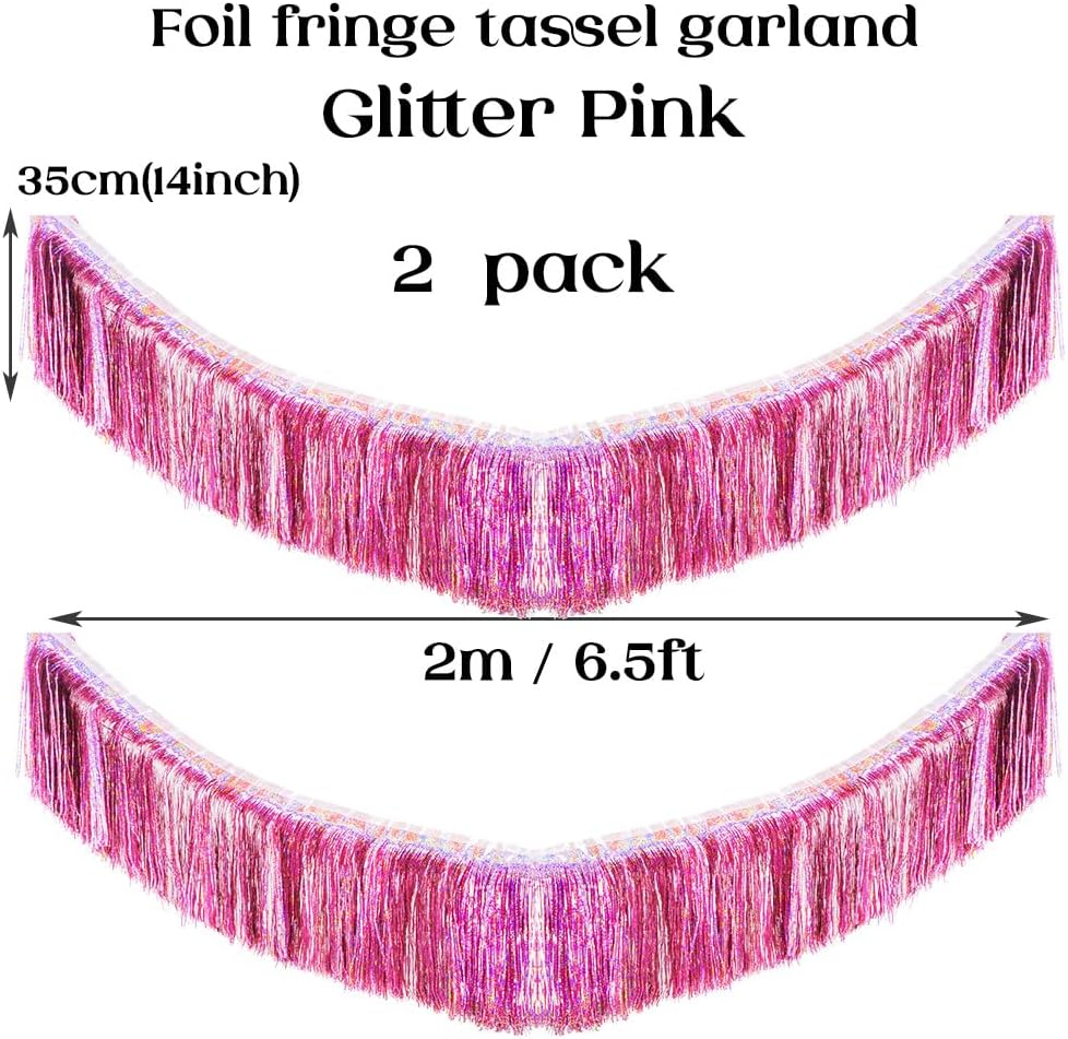 Premium Glitter Pink Fringe Tinsel Garland for Party Decorations -4 Layers Thick, 2 Pack | LILF Foil Metallic Banner Party Streamers for Wedding Birthday Christmas Decoration Home Hanging Glitter-Pink-L 2 image 3 of 8 B0B7539QXY