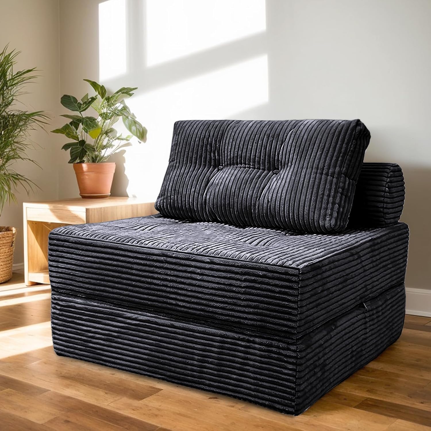 Sofa Bed Futon, Versatile Foldable Sleeper Chair with Pillow, Supportive Memory Foam, Plush Corduroy Fabric, Cozy Floor Couch, Convertible Mattress for Bedroom/Living Room/Guest/Office, Black