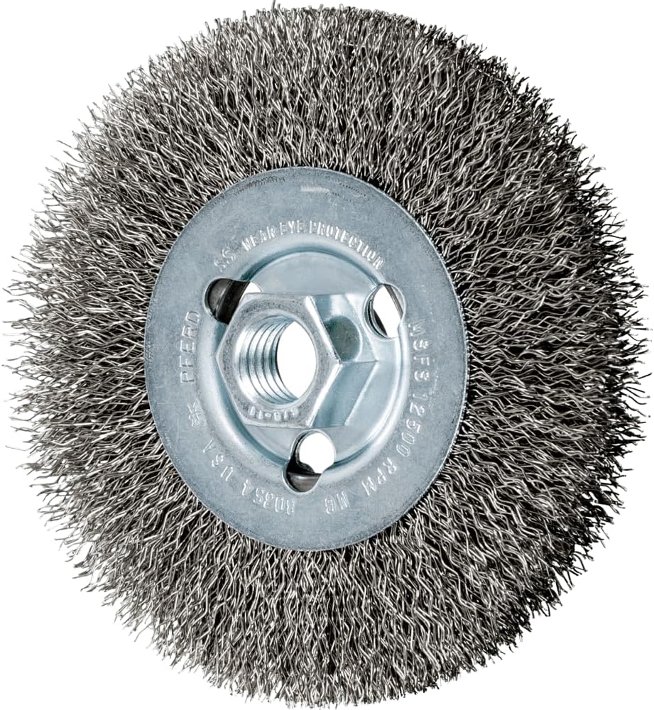 PFERD Crimped Wheel Brush, Stainless Steel Wire, 4-1/2″ Diameter, 5/8-11 Thread, 0.014 Wire Size, 15/16″ Trim Length, 1/2″ Face Width, 12500 max RPM – Part 80354