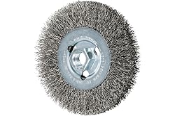 PFERD Crimped Wheel Brush, Stainless Steel Wire, 4-1/2″ Diameter, 5/8-11 Thread, 0.014 Wire Size, 15/16″ Trim Length, 1/2″ Face Width, 12500 max RPM – Part 80354