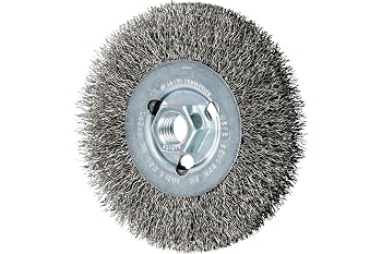 PFERD Crimped Wheel Brush, Stainless Steel Wire, 4-1/2" Diameter, 5/8-11 Thread, 0.014 Wire Size, 15/16" Trim Length, 1/2" Face Width, 12500 max RPM - Part 80354
