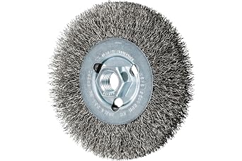 PFERD Crimped Wheel Brush, Stainless Steel Wire, 4-1/2" Diameter, 5/8-11 Thread, 0.014 Wire Size, 15/16" Trim Length, 1/2" Face Width, 12500 max RPM - Part 80354