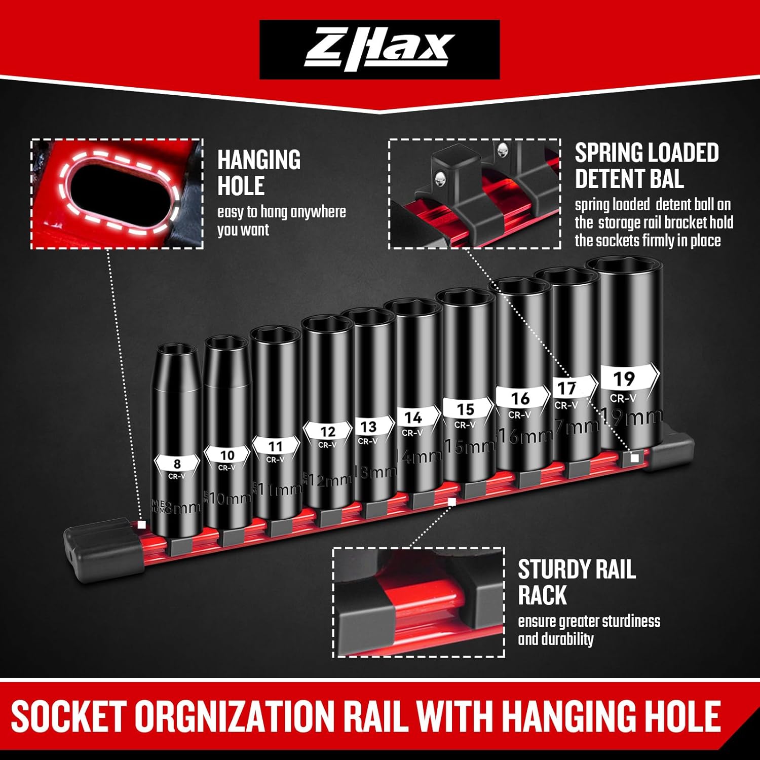 Zhax 3/8" Drive Deep Impact Socket Set, 10 PCS 6 Point Metric Sockets with Rail for 8-19mm (No 9 & 18mm), Cr-V Steel, Electroplated Coating, Ideal for Automotive, DIY