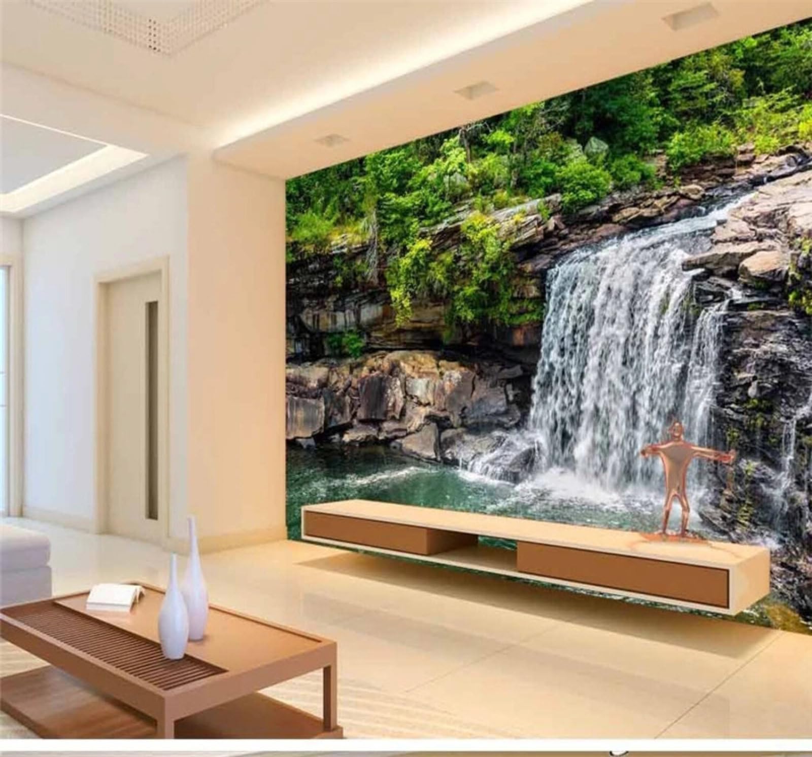 XLMING Fresh Forest Waterfall Landscape Flowing Water 3D Wallpaper Luxury Silk Study Dining Feature Sofa Grey Bedroom Living Room Tv Decorative Wall-200cm×140cm