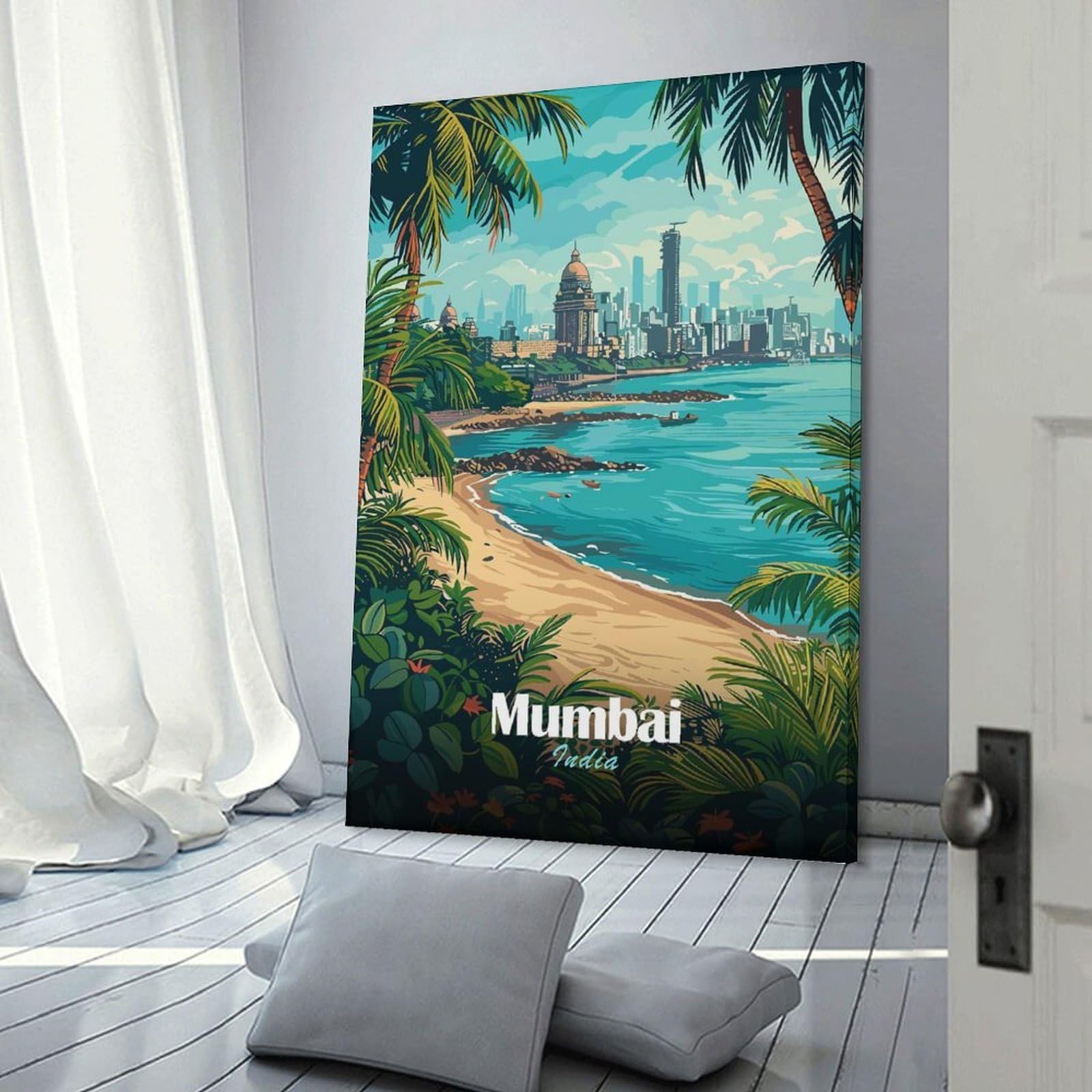 Junmoney Mumbai Cityscape with Beach Decorative Canvas Print 24x36inch(60x90cm), for Flats, Guest Rooms Or Compact Rooms, Home Artwork for Modern Interiors