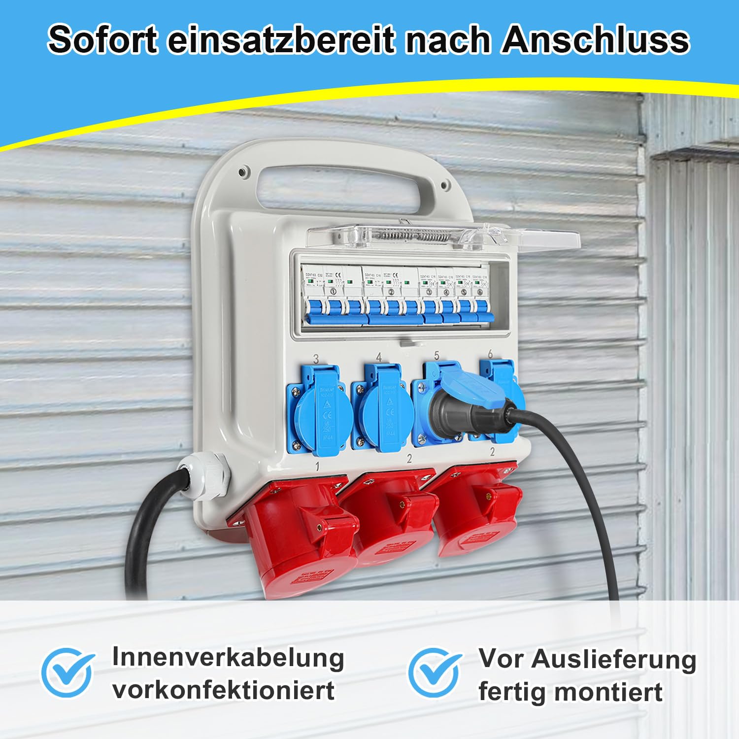 Distributore di corrente da costruzione, 2 x CEE 400 V/16 A, 1 x CEE 400 V/32 A, 4 x 230 V, con interruttore automatico, con cavo di alimentazione da 1,2 m, per cantieri