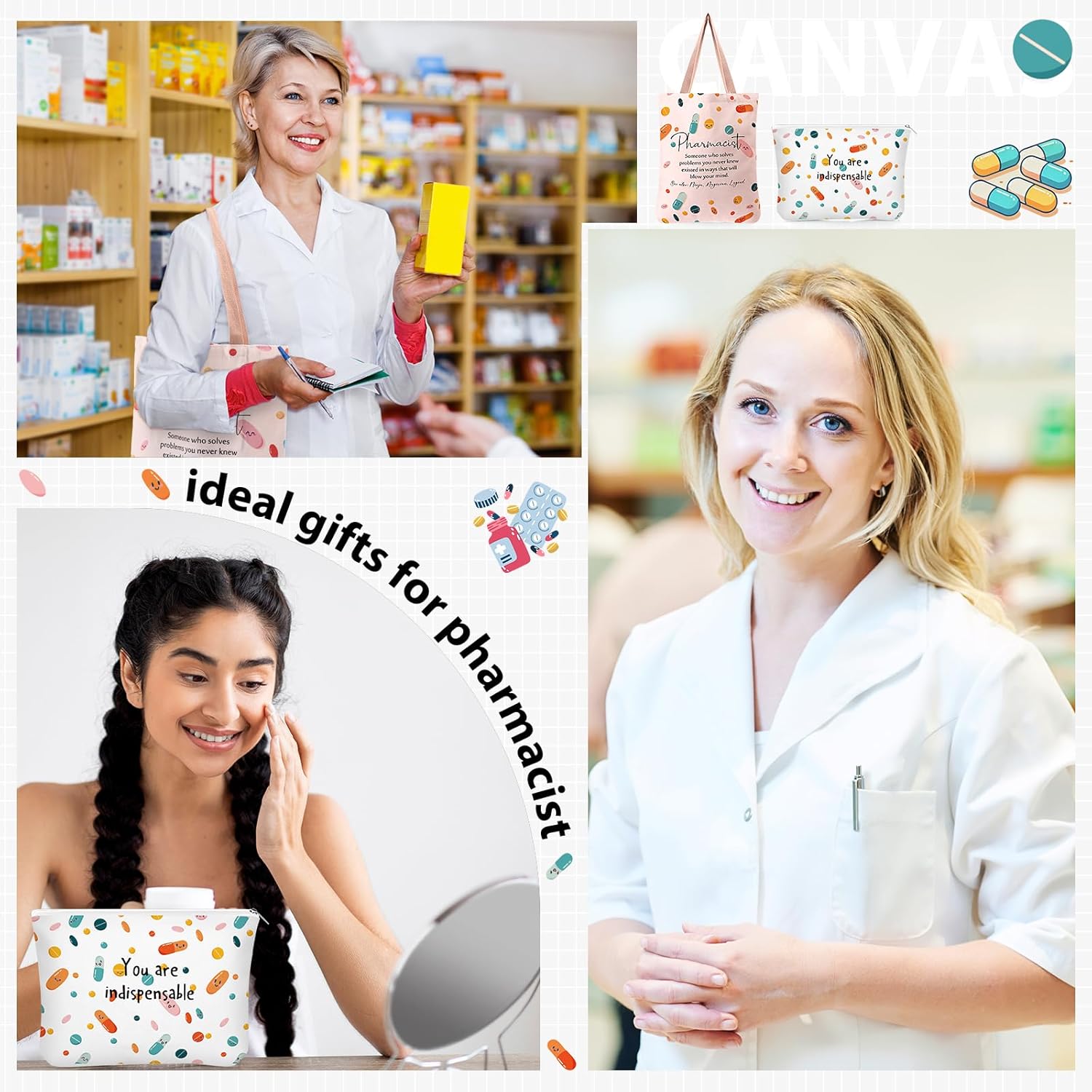 2 Pcs Pharmacist Gifts for Women Pharmacist Canvas Tote Bag Makeup Zipper Cosmetic Bag Pharmacy Technician Accessories for Women Doctor Nurse Surgical Tech Graduation - Image 6