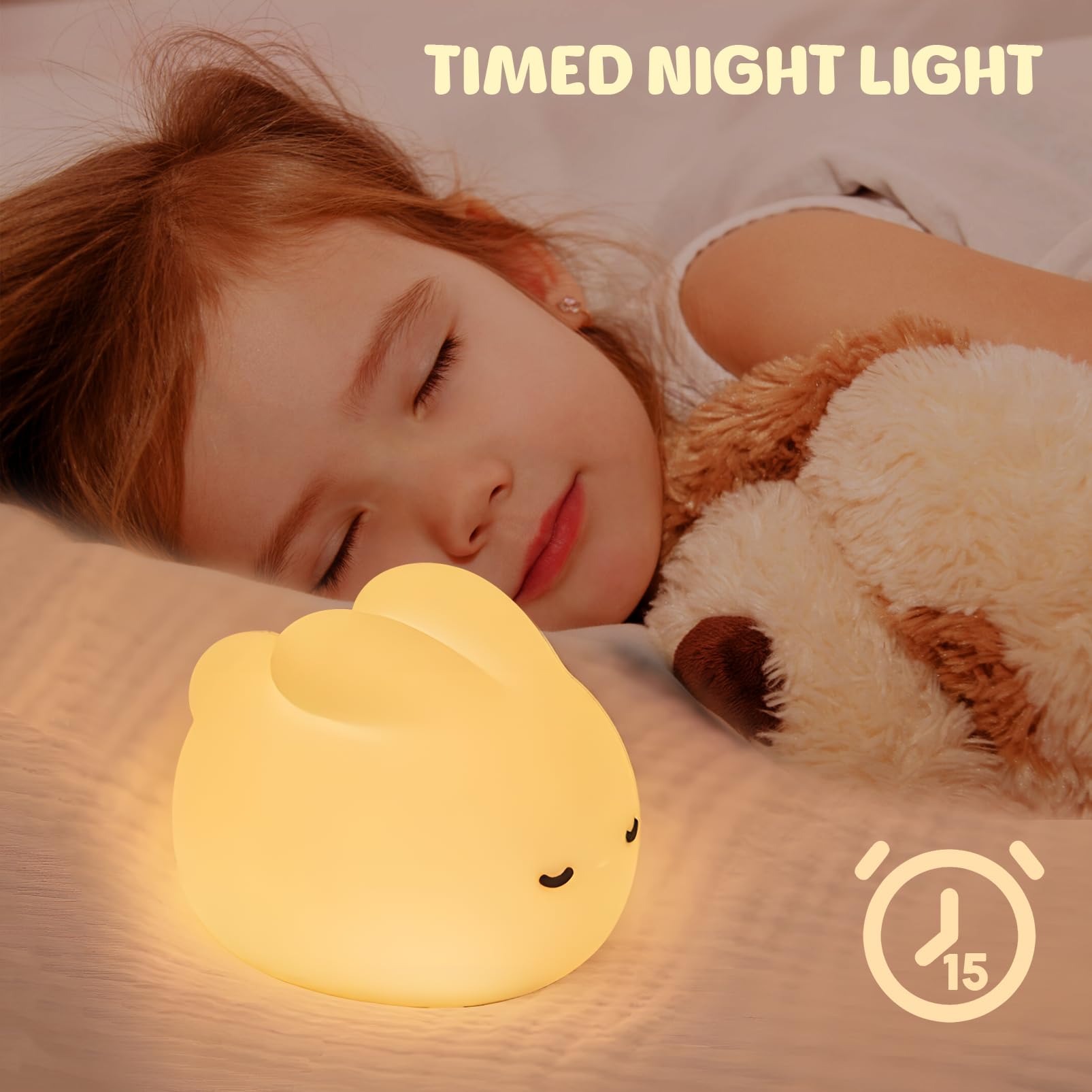 Lampada Notturna per Bambini Coniglio, Luce Notturna per Bambini Ricaricabile, Silicone Lampade da Comodino Notturna, Luce Notturna Touch Bambini Timer, Regalo Compleanno Natale, Cameretta Bambino