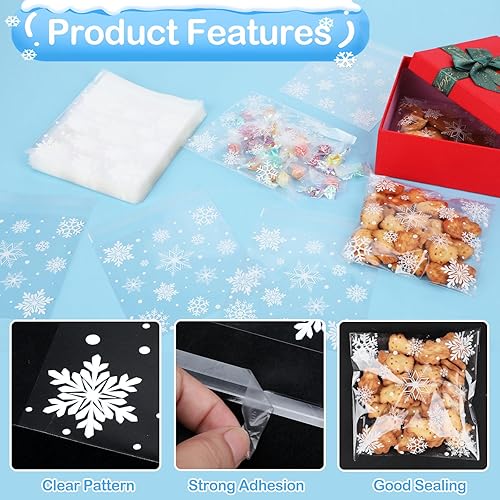 Miniatura 3 de Coopay 200 bolsas de galletas de Navidad con copos de nieve, pequeñas bolsas de celofán de 5.5 x 5.5 pulgadas, autoadhesivas, galletas de caramelo,