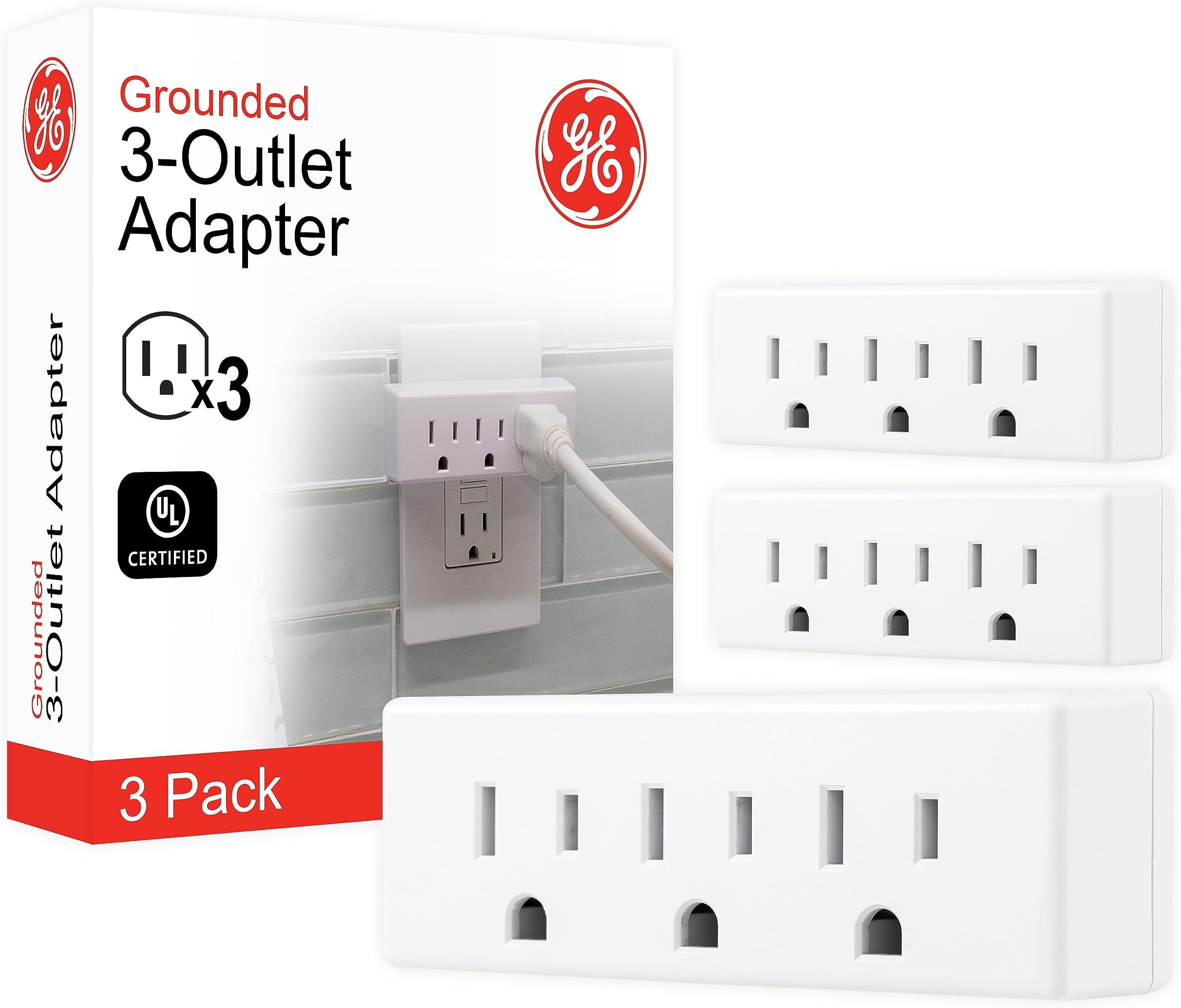 3-Outlet Extender, 3 Pack, Grounded Wall Tap, 3-Prong, Multiple Plug, Power Splitter, Cruise Essentials, Use for Home Office School Dorm, UL Listed, White, 47884