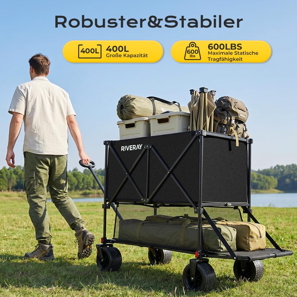 Doppeldecker Bollerwagen Faltbar, 400L Extra Lange Klappbollerwagen | Faltbarer Bollerwagen All Terrain Rädern, Getränkehalter, Verstellbarer Griff Für Camping Garten Festival Strand
