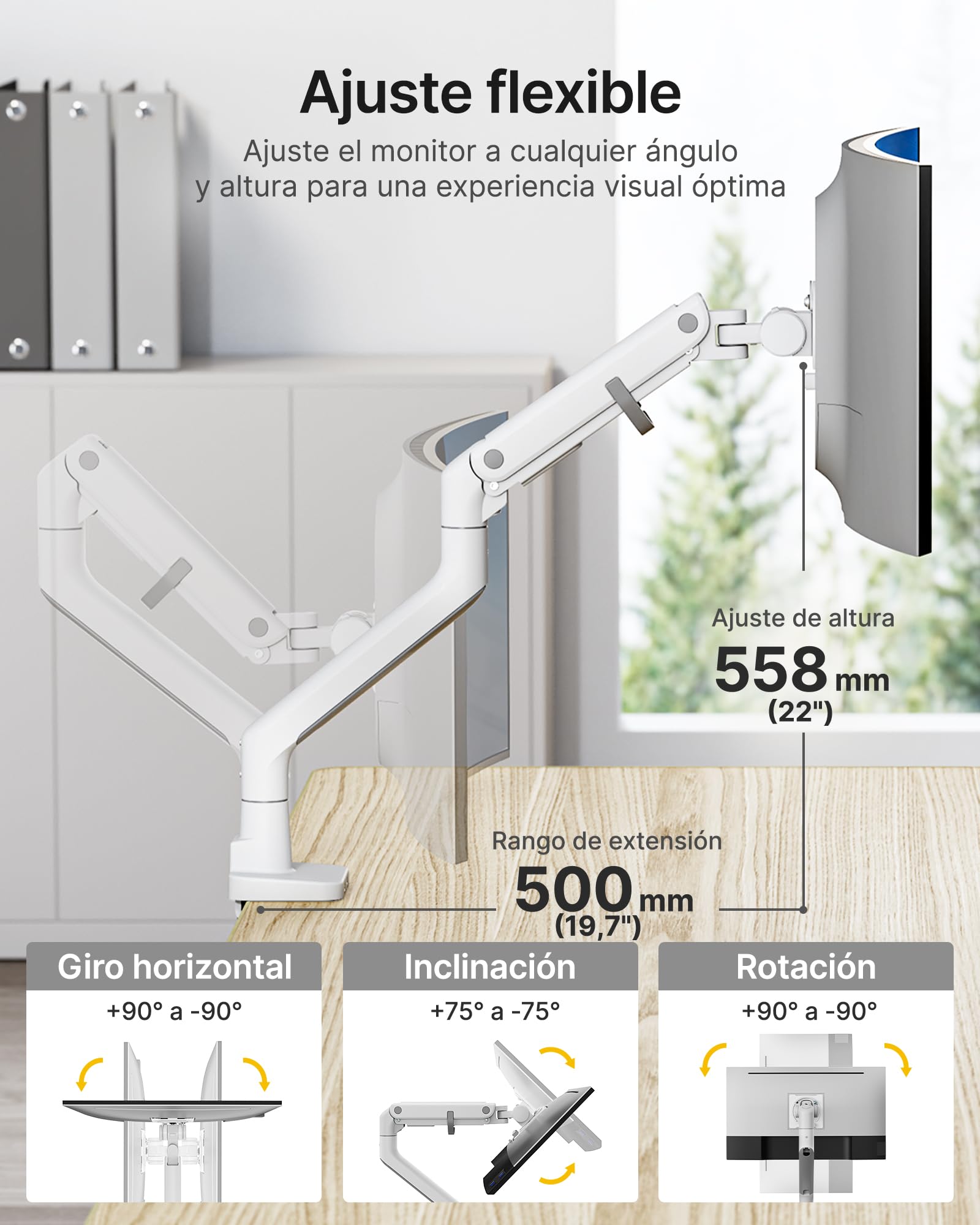 monTEK Soporte Monitor Reforzado para 17-57", hasta 27 kg | Brazo con resorte de gas, altura ajustable y movimiento completo para monitores ultrapanorámicos, VESA 75x75/100x100, blanco.