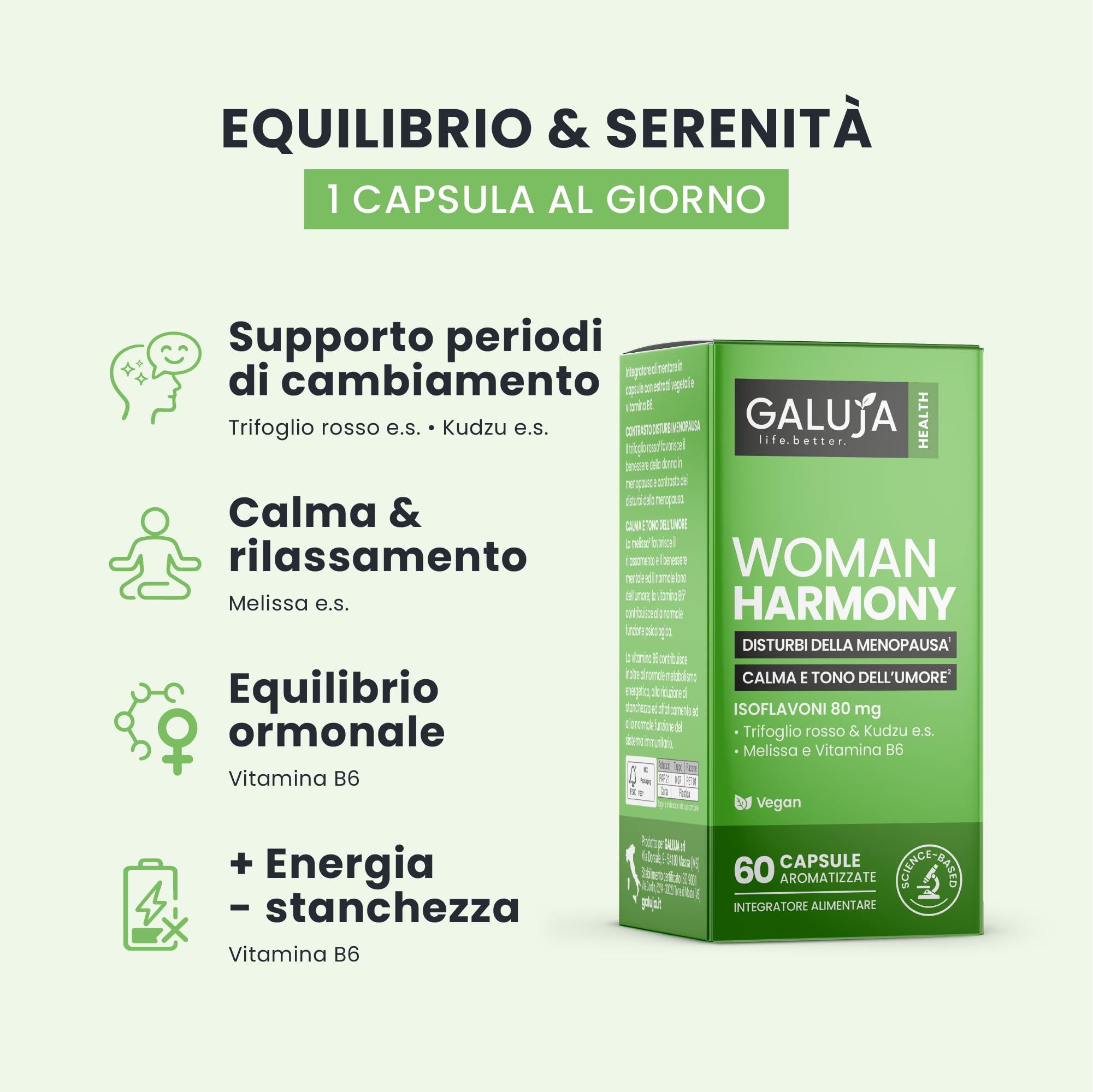 Woman Harmony - Integratore Menopausa & Benessere Femminile - Isoflavoni 80 mg - 30 giorni (60 caps) - Vegan, senza glutine e lattosio, aroma pesca - Melissa + Vitamina B6