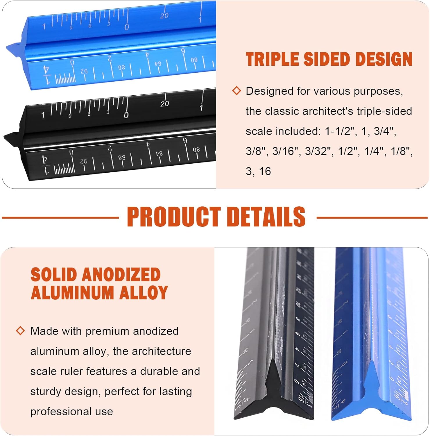 Tanstic 9Pcs Architectural Triangular Scale Ruler Set, 12 Inch Aluminum Scale Ruler Metal Ruler with Pencils and Eraser, Professional Architectural Drafting Ruler Tool : Office Products