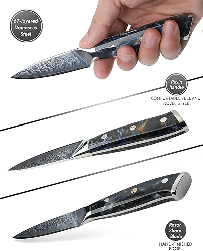 Miniatura 8 de SANMUZUO Cuchillo de pelar de 35 pulgadas cuchillo de cocina para frutas y verduras mango de acero de Damasco y resina - Serie Xuan naranja fantasía