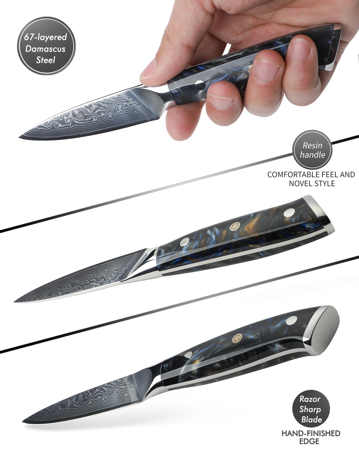 Coltelli per Frutta e Verdura Damasco - Coltello da Cucina 9 cm, Coltelli per Sbucciare di Acciaio Damasco da 67 Strati- Impugnatura Resina - Xuan Series(Nero Stellato)