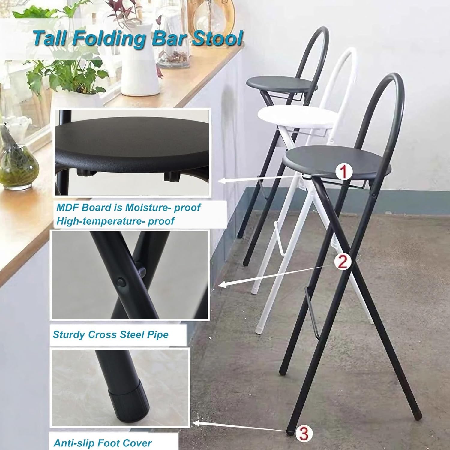 Folding Breakfast Stool with Footrest, 24/26/28/30 inch Portable Round Height Foldable Backrest, Kitchen Restaurant High Chair for Adults Outdoor Indoor, Natural (Color : 2pcs (2